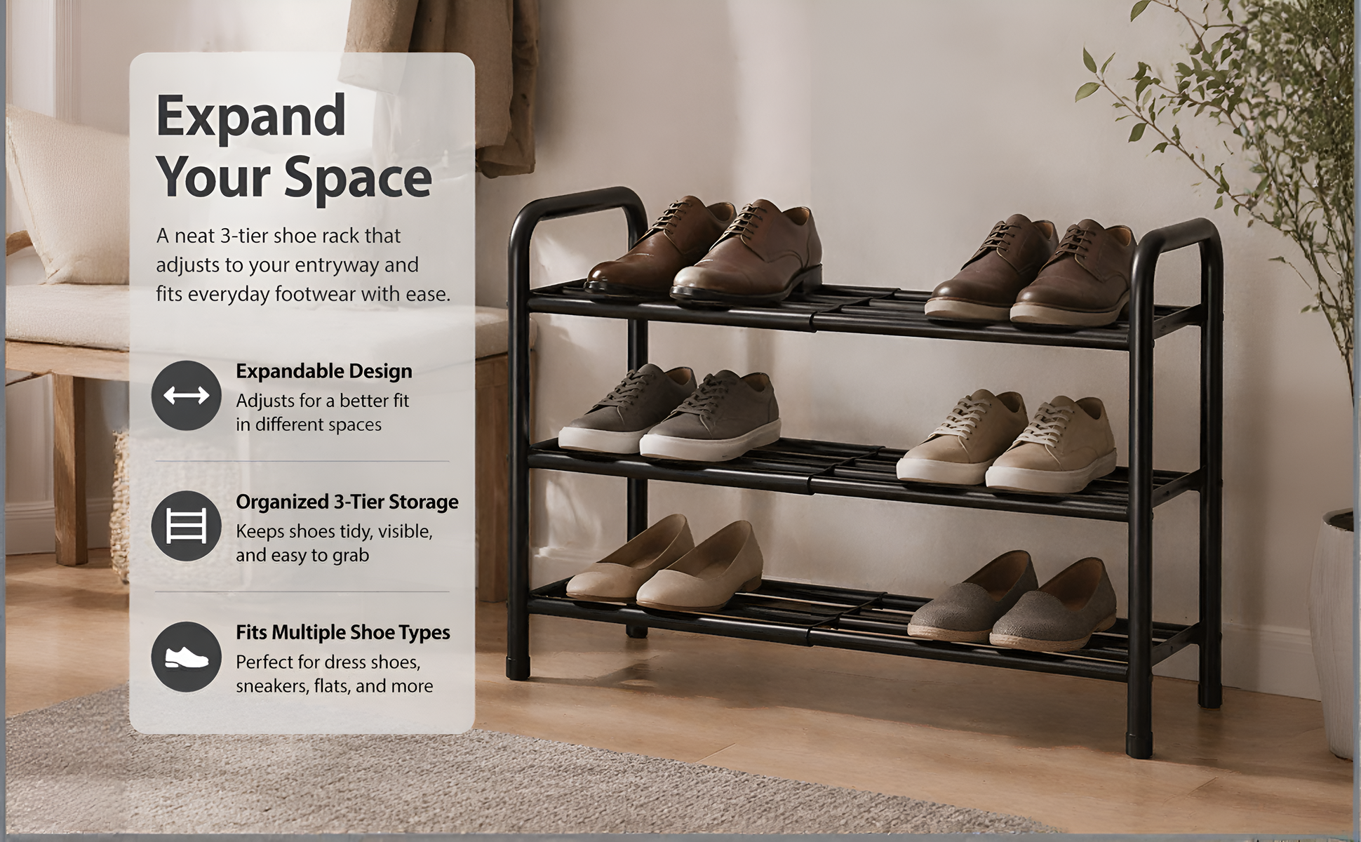 thumbnail video image 2 of PLUZON Expandable 3-Tier Metal Shoe Rack, Adjustable Storage Shelf for Entryway, Closet & Hallway, Black, 2 of 7