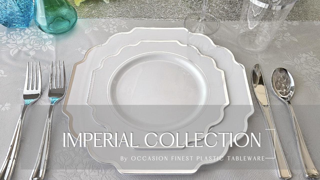 thumbnail video image 2 of " OCCASIONS " 150 Piece set (25 Guests)-Wedding Plastic Plates & cutlery -Disposable heavyweight Dinnerware 10.5'', 8'' + Silverware w/double fork (Imperial in White & Silver Rim), 2 of 9