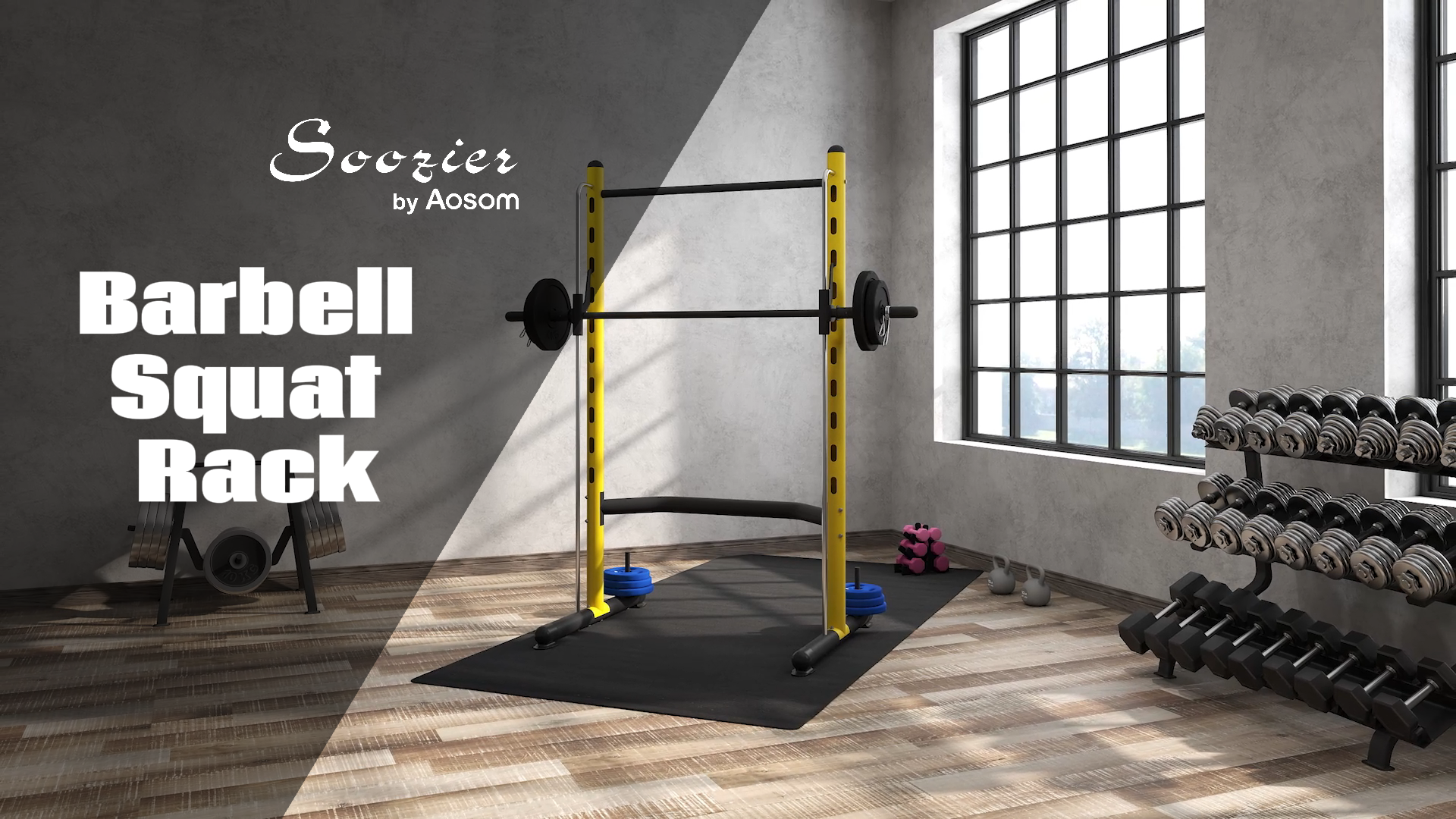thumbnail video image 2 of Soozier Adjustable Squat Rack with Pull Up Bar and Barbell Bar, Multi-Function Bench Press Weight Lifting Equipment, Yellow, 2 of 10