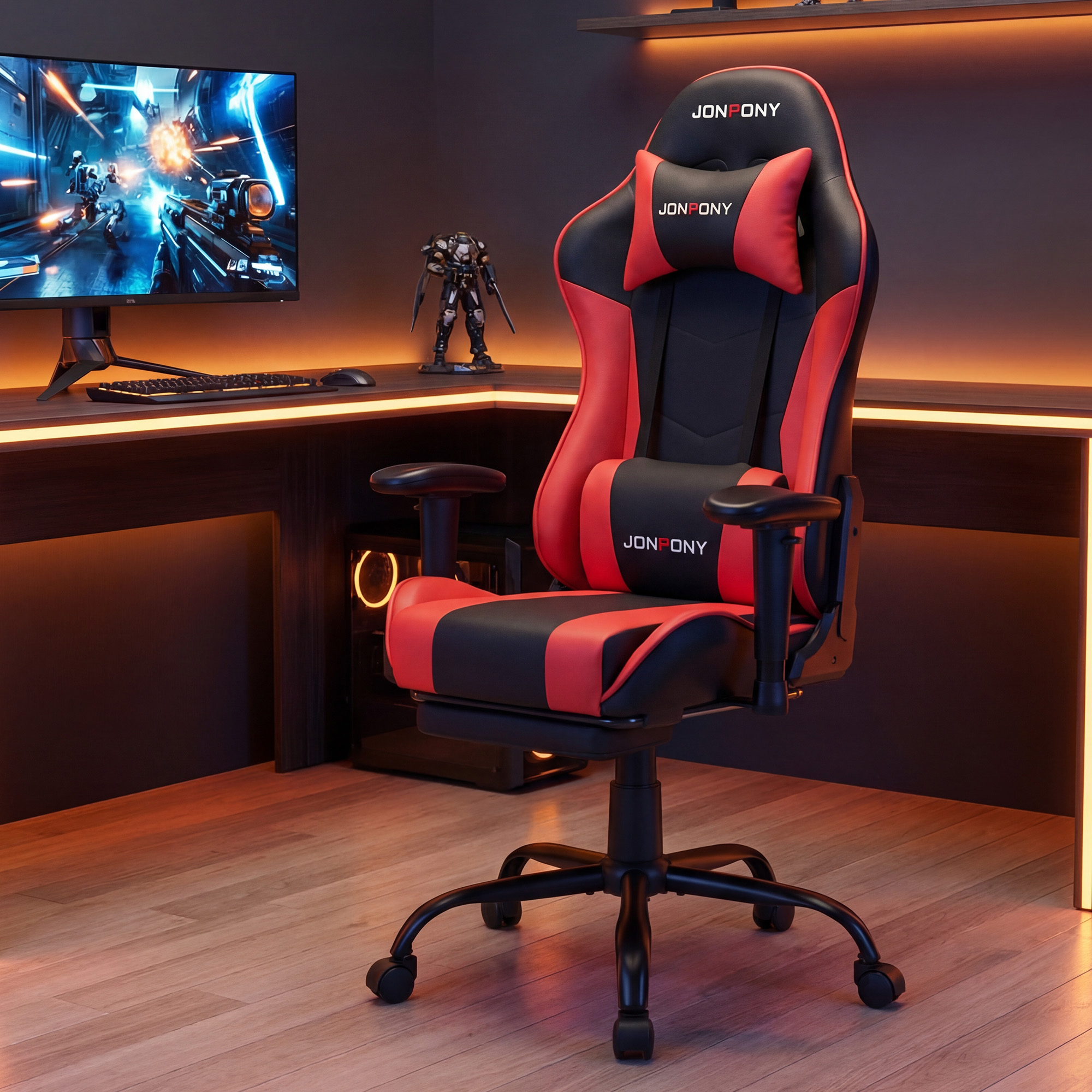 thumbnail video image 2 of JONPONY Big and Tall 500LBS Gaming Chair with Footrest and Lumbar Support, High Back Ergonomic Recliner,Height Adjustable Leather Computer Desk Chair for Home Office, Red, 2 of 8