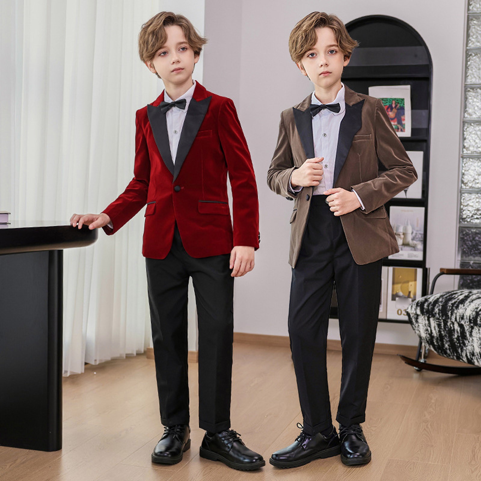 thumbnail video image 2 of SNKSDGM Velvet Boys Tuxedo Suit, Satin Shawl Lapel Outfit for Indoor Warm Tone Family Christmas Commemorative Photography 12-24 Months, 2 of 10