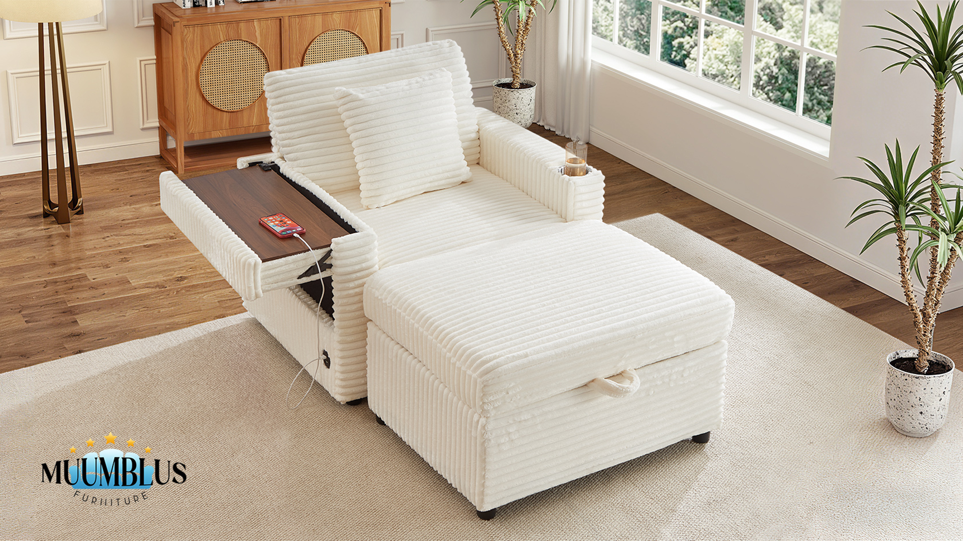 thumbnail video image 2 of Muumblus Accent Chair with Storage Ottoman & Side Table, Cozy Lounge Chair with USB, Modern Single Sofa Armchair for Living Room, Black Corduroy, 2 of 12