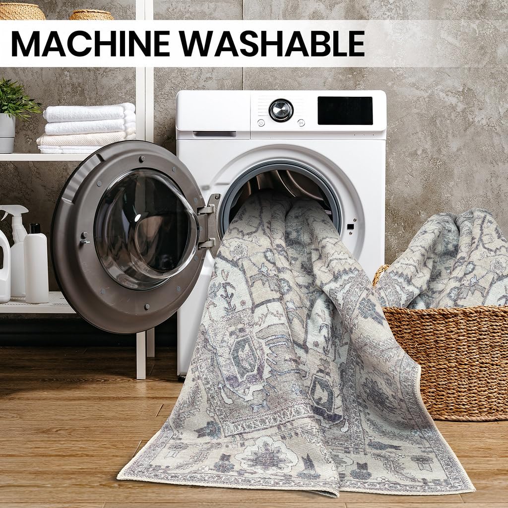 thumbnail video image 2 of GLN Rugs Cyrene - Indoor, Machine Washable Area Rug 2'6"x7' Cream/Gray Home Carpet, All Ages, 2 of 9