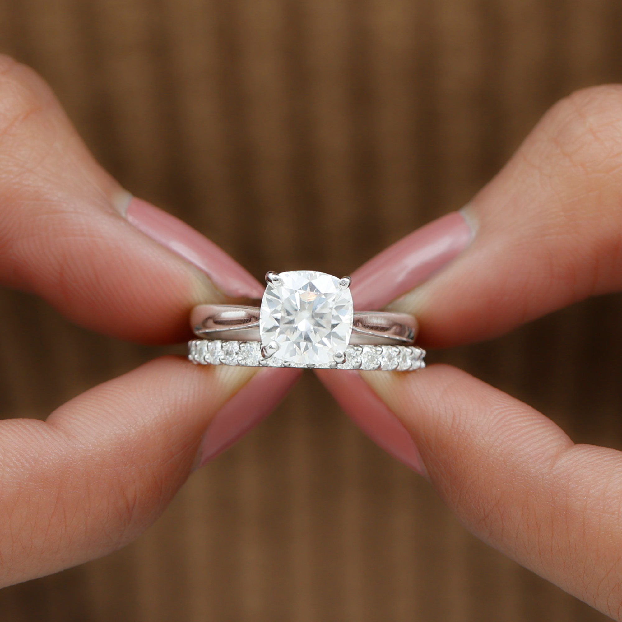 thumbnail video image 2 of Rosec Jewels Moissanite Wedding Ring Set of 2 - Cushion Cut Engagement Ring with Enhancer - 8 mm - D-VS1 Grade, 14K Yellow Gold, US 10.00, 2 of 9