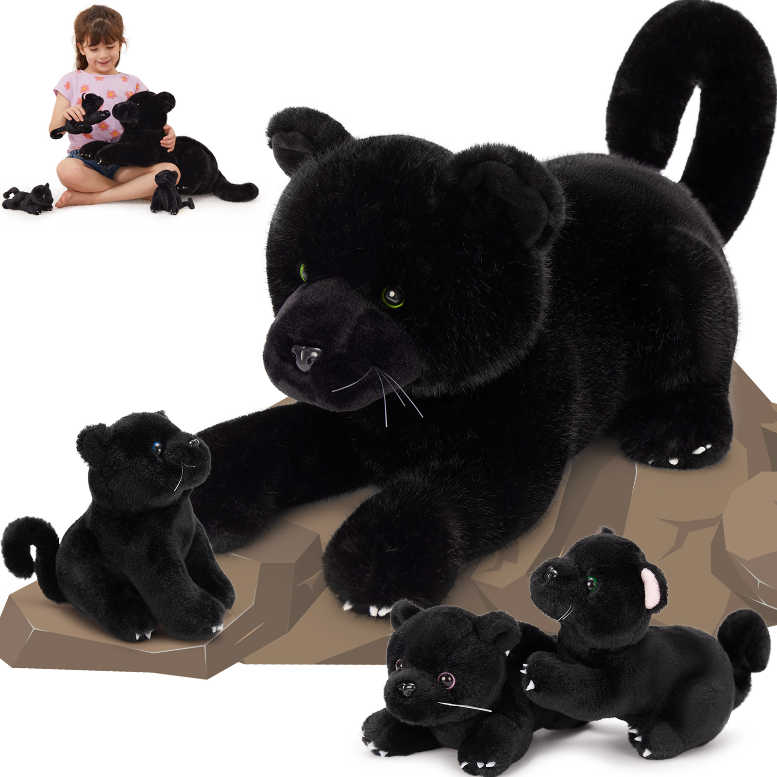 thumbnail video image 2 of MorisMos 4Pcs Black Plush Panther Stuffed Animals with 3 Stuffed Cheetah Babies Inside, 2 of 9