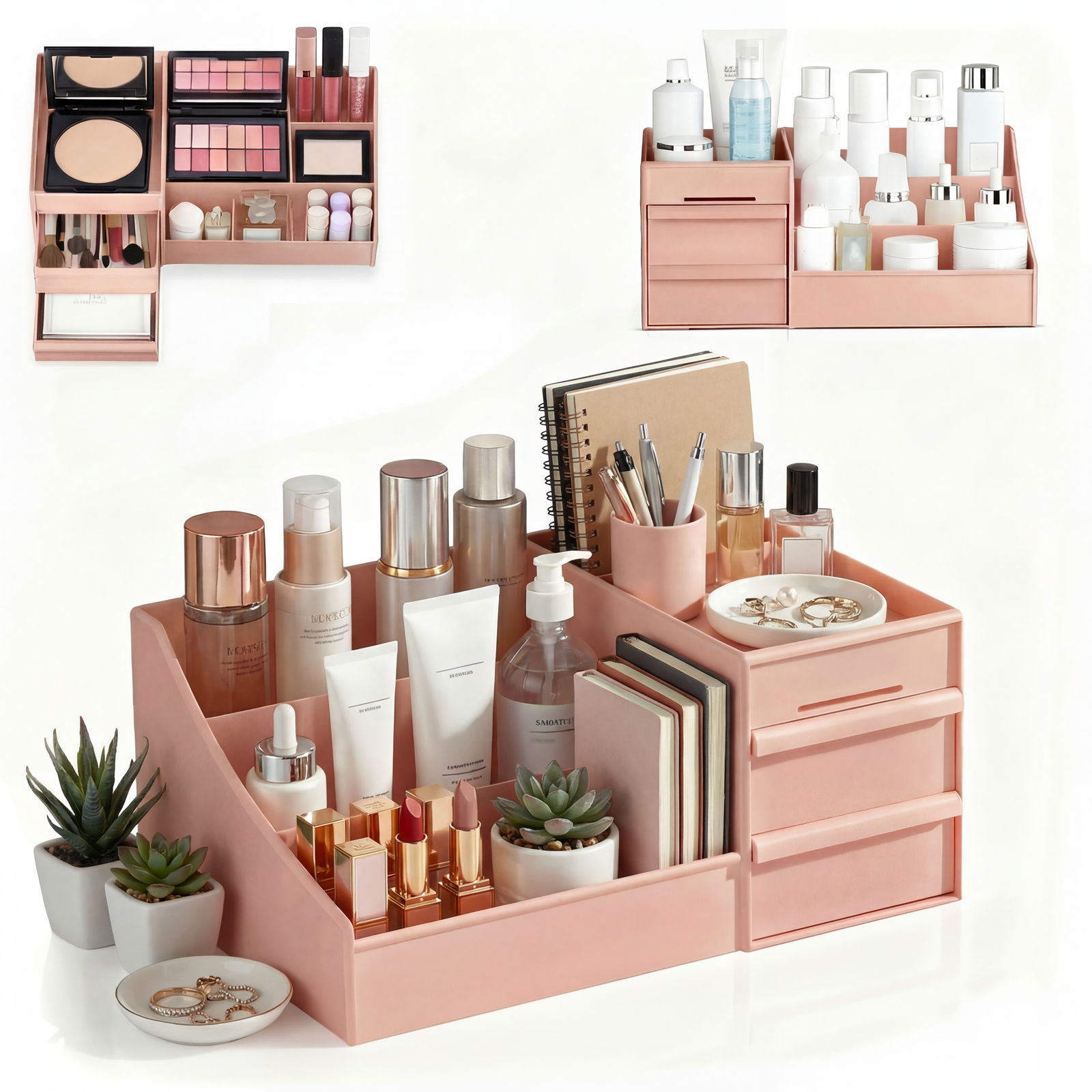 thumbnail video image 2 of Pink Makeup Organizer with Drawers, Large Capacity Cosmetic Storage for Vanity or Bathroom Countertop, Multi-Compartment Organizer for Skincare, Lipstick & Palettes, 1 Pack, 2 of 8