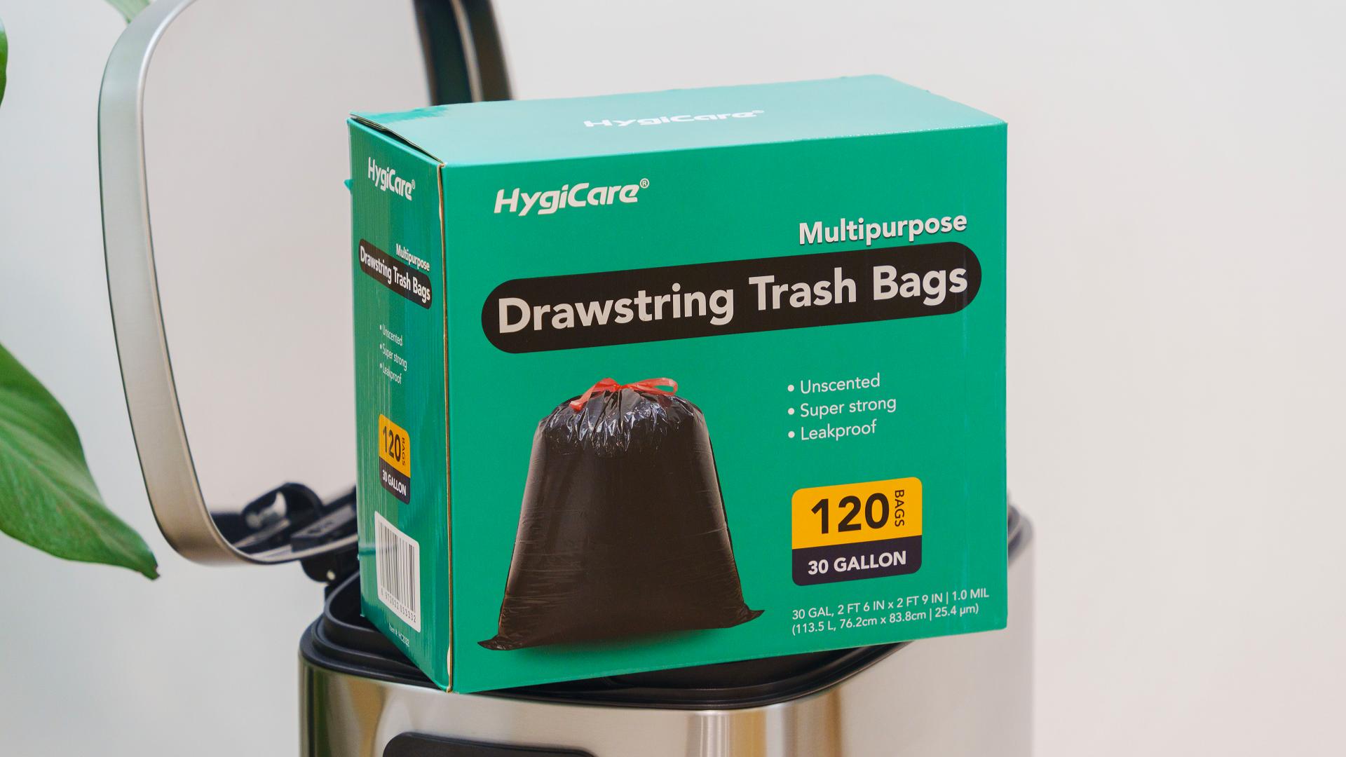 thumbnail video image 2 of HygiCare 30 Gallon Drawstring Trash Bags, 120ct, Super Strong, Leakproof, Unscented, 2 of 6