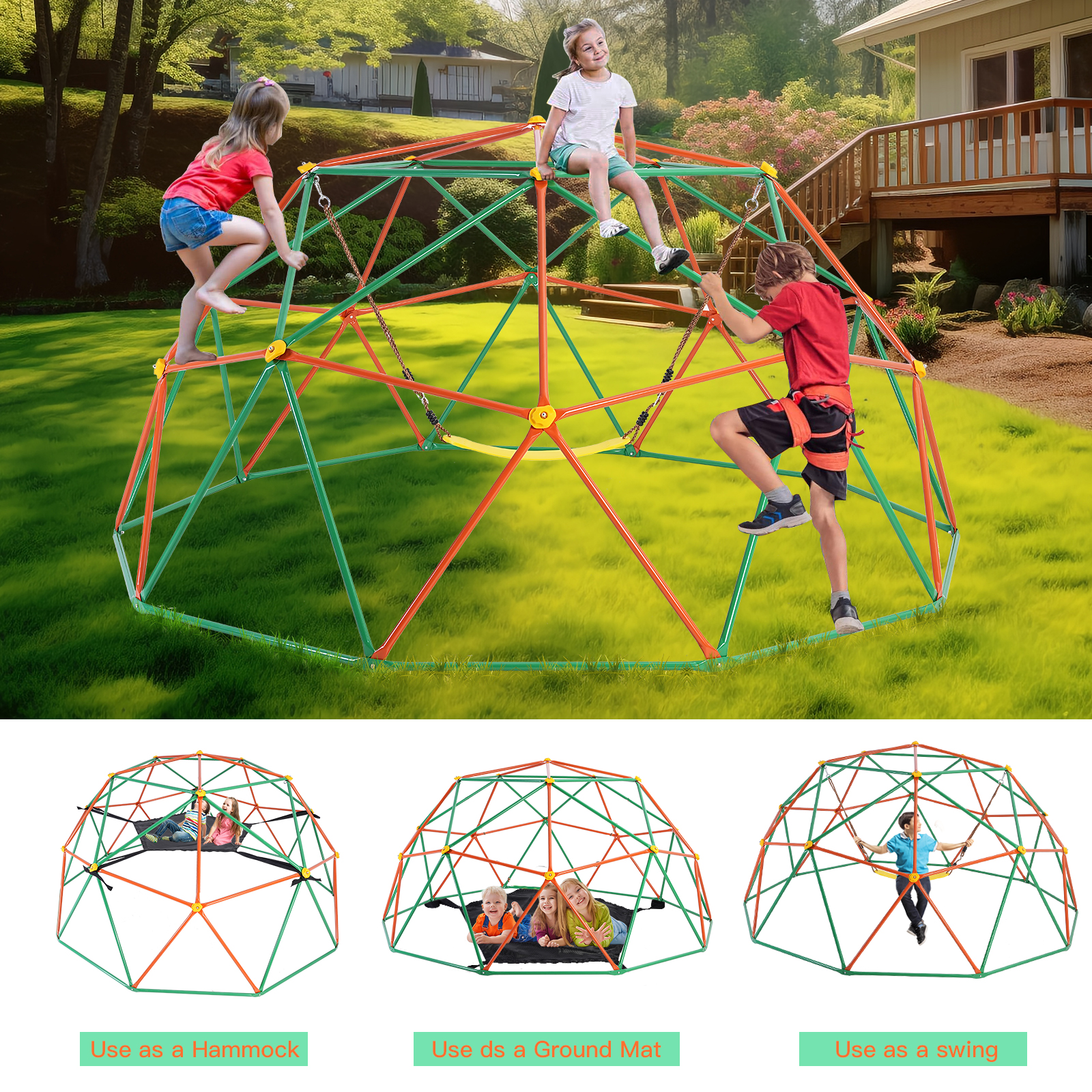 thumbnail video image 2 of 10FT Jungle Gym,Climbing Dome with Hammock & Swing,Outdoor Playground Climbers for Kids 3-12, 2 of 11