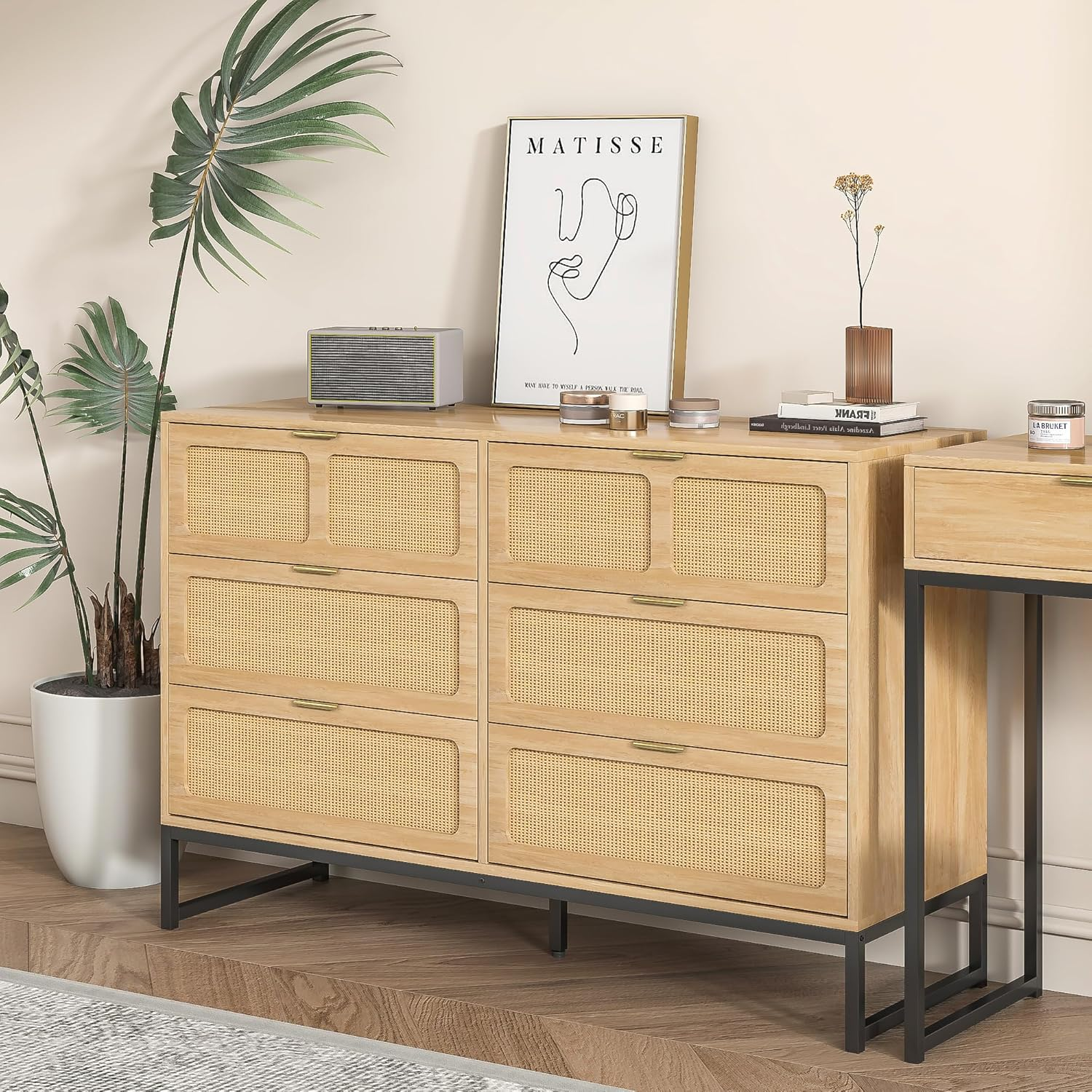 thumbnail video image 2 of 6 Drawer Double Dresser, Rattan Chest of Drawers, Wood Storage Chest for Bedroom Living Room, 2 of 9