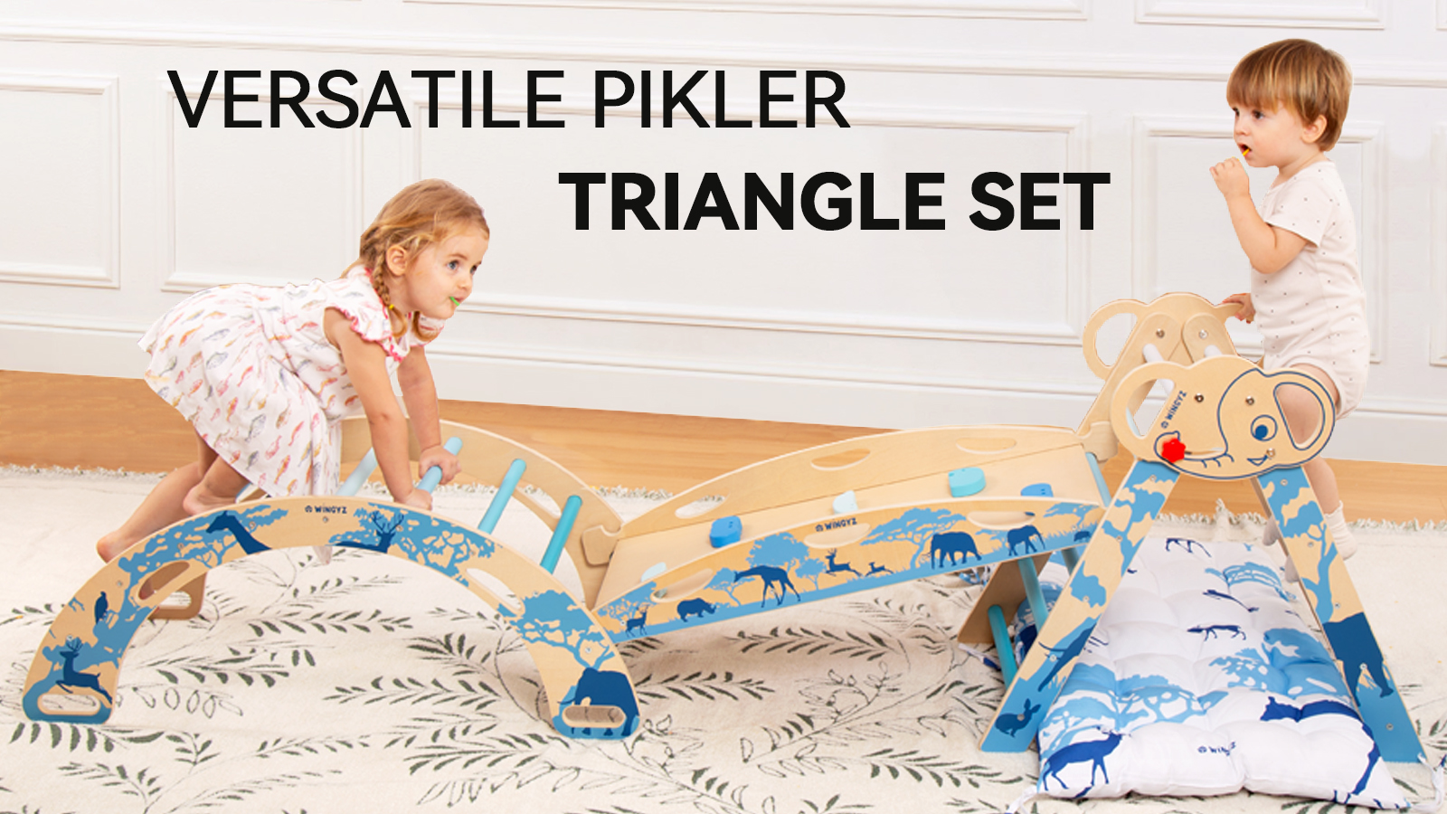 thumbnail video image 2 of Pikler Triangle Set with Cushion, 8 in 1 Wooden Montessori Climbing Toys Indoor Playground Jungle Gym Playsets for Toddler, Baby, Kid,Blue, 2 of 10