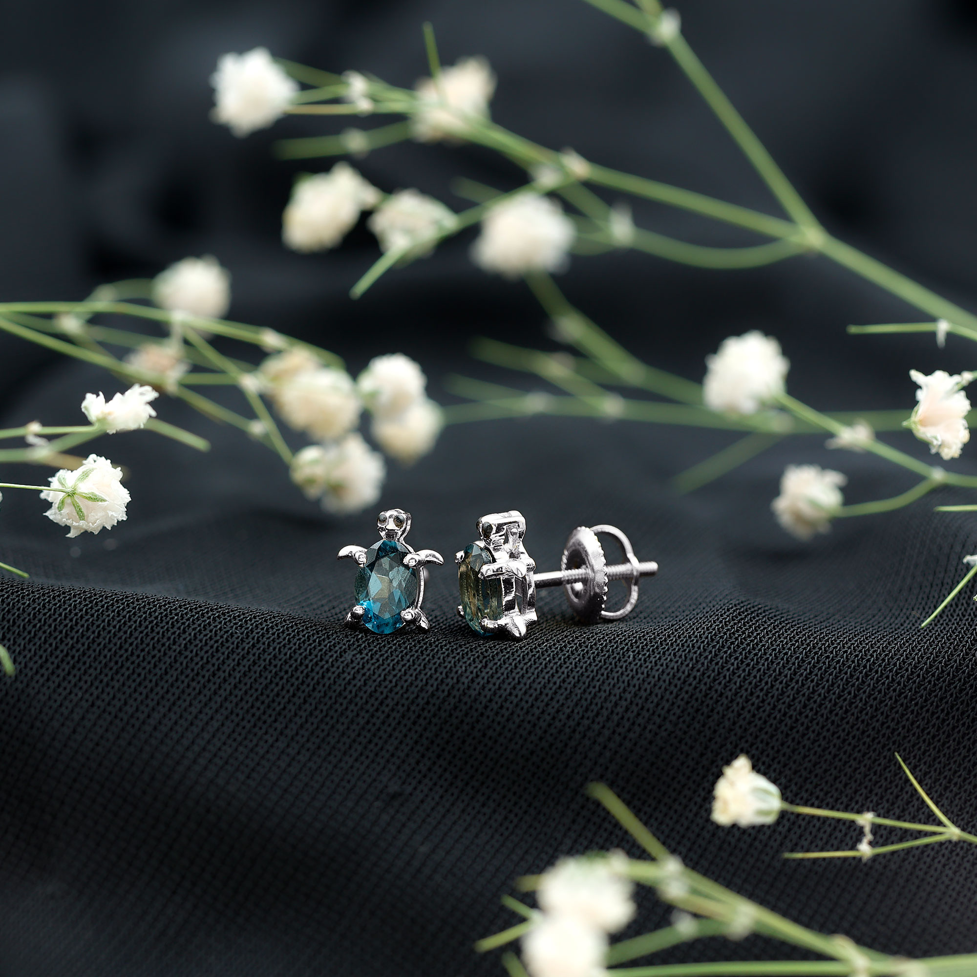 thumbnail video image 2 of Rosec Jewels Turtle Stud Earrings with London Blue Topaz for Womens Day - AAA Grade, 14K White Gold, 2 of 8