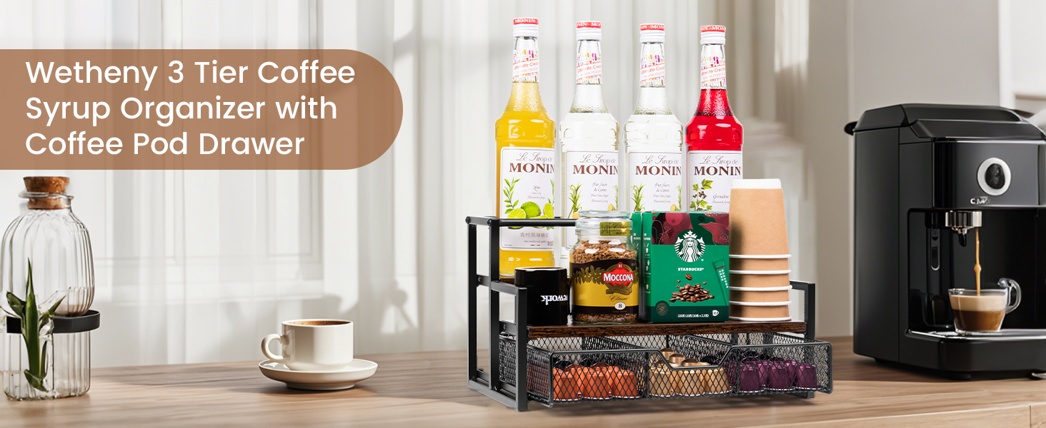 thumbnail video image 2 of Wetheny Coffee Syrup Organizer for Coffee Bar, 3-Tier Coffee Station Organizer with K Cup Storage Basket for Countertop, Coffee Pod Organizer Coffee Accessories and Organizer, 2 of 8