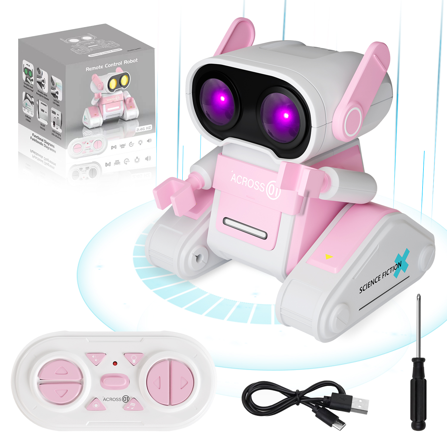 thumbnail video image 2 of Robot Toy for Kids, Remote Control Robot Toy Intelligent Walking 360°Body Spinning Dancing with LED Eyes and Music, Demo Smart RC Robot Toys for Ages 3+ Boys Girls, Pink, 2 of 8