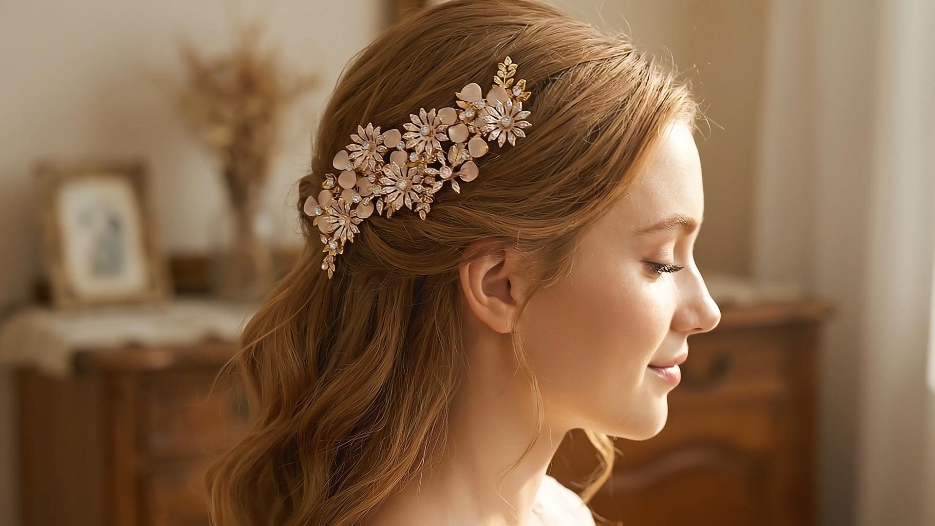 thumbnail video image 2 of MIALLO Gold Wedding Hair Barrette for Bride, Vintage Floral Rhinestone Hair Clip, Bridal Headpiece for Half-up Hairstyle, 2 of 7