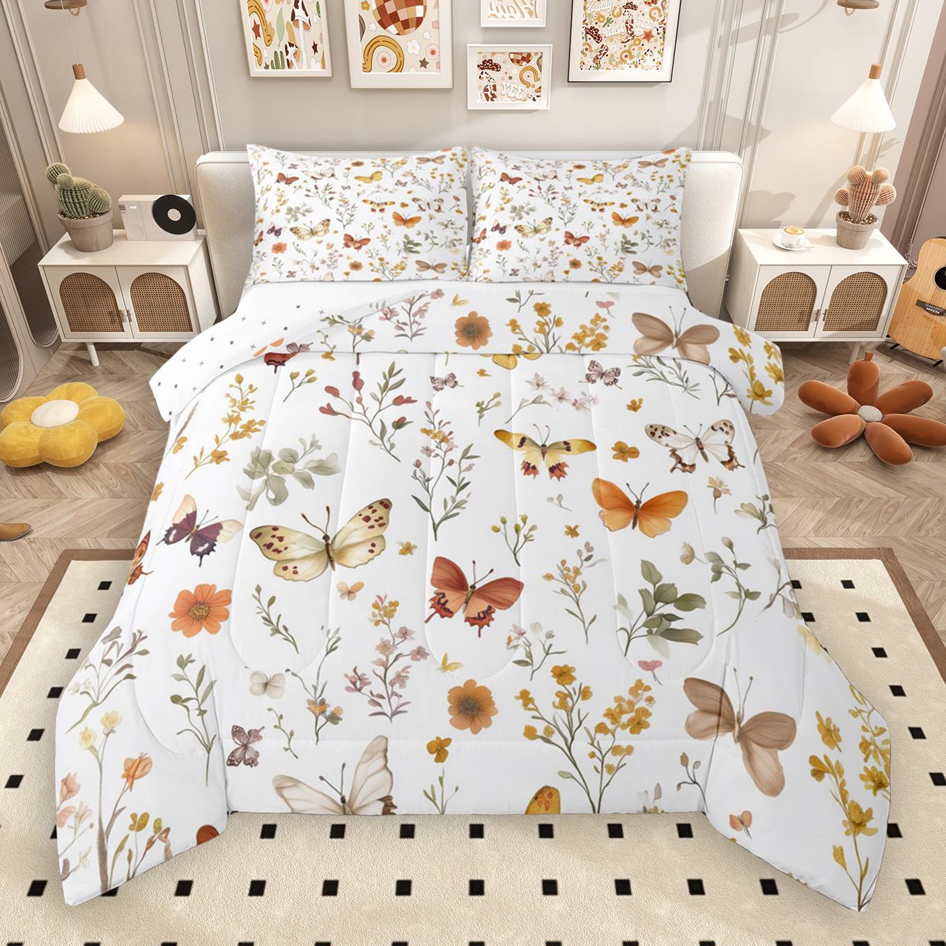 thumbnail video image 2 of Manfei Kawaii Cartoon Butterflies Bedding Comforter Set,Green Leaves Multicolor Daisy Twin Comforter Sets,Pink Green Bedding Set For Teens Girls,Uper Cozy Room Decor Reversible,2-Piece, 2 of 9