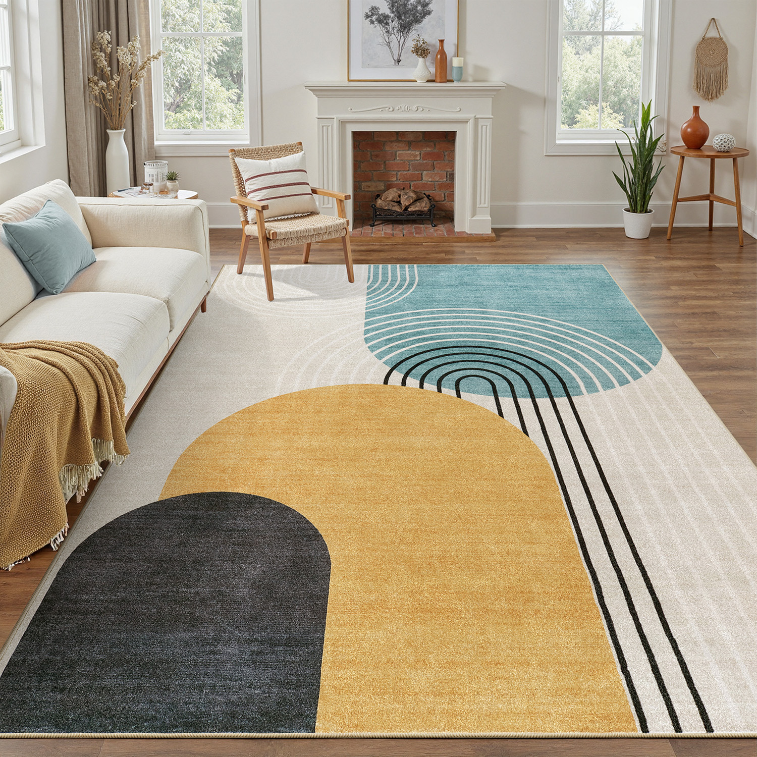 thumbnail video image 2 of Abstract Machine Washable 5x7 Rug, Mid Century Modern Rug for Living Room, Soft Low Pile Non Slip Carpet, Kid & Pet Friendly Stain Resistant Rug for Bedroom Dining Room Office, Blue & Yellow, 2 of 8