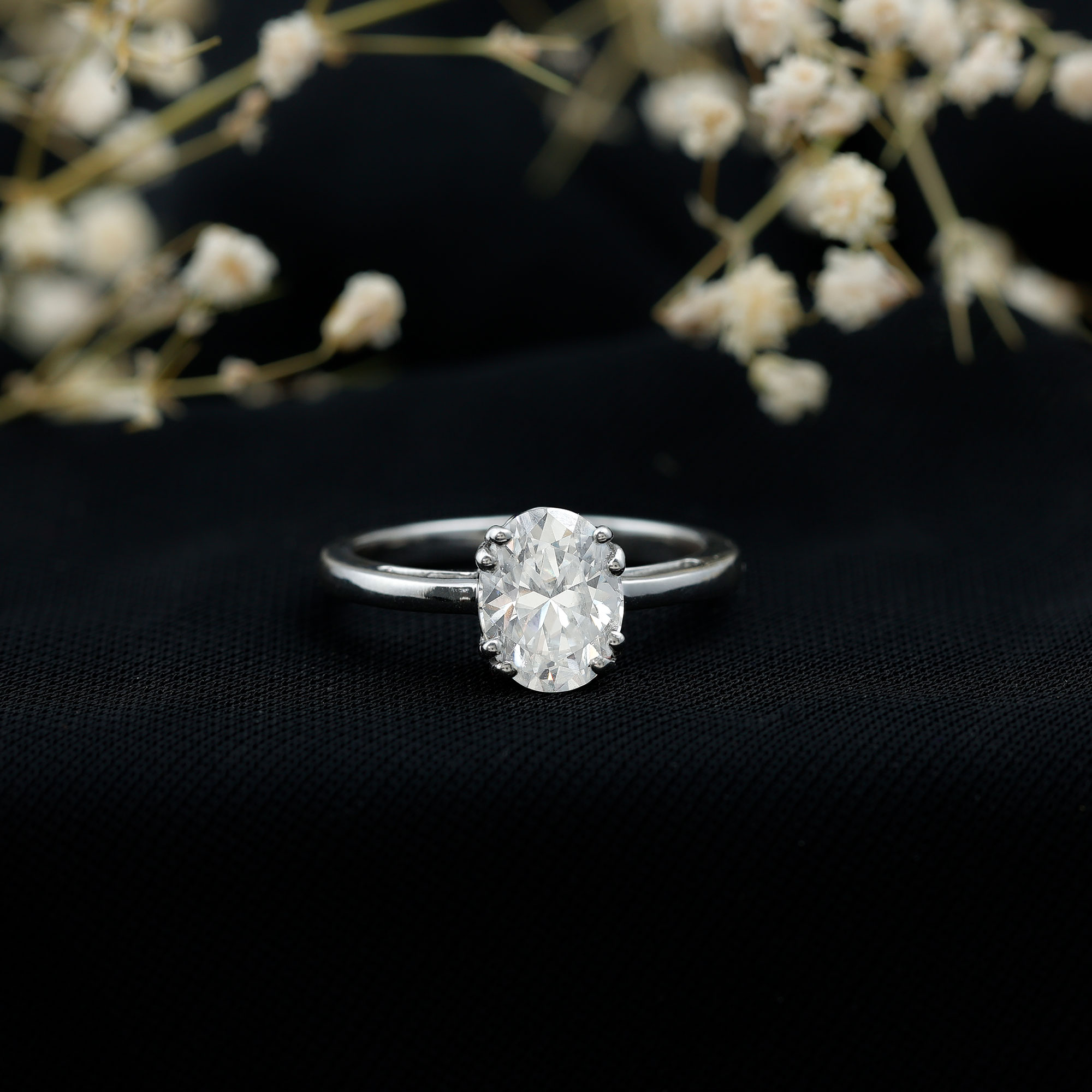 thumbnail video image 2 of Rosec Jewels Certified Moissanite Oval Engagement Ring - 7X9 mm Moissanite Solitaire Ring - D-VS1 Quality, 14K White Gold, US 4.00, 2 of 8