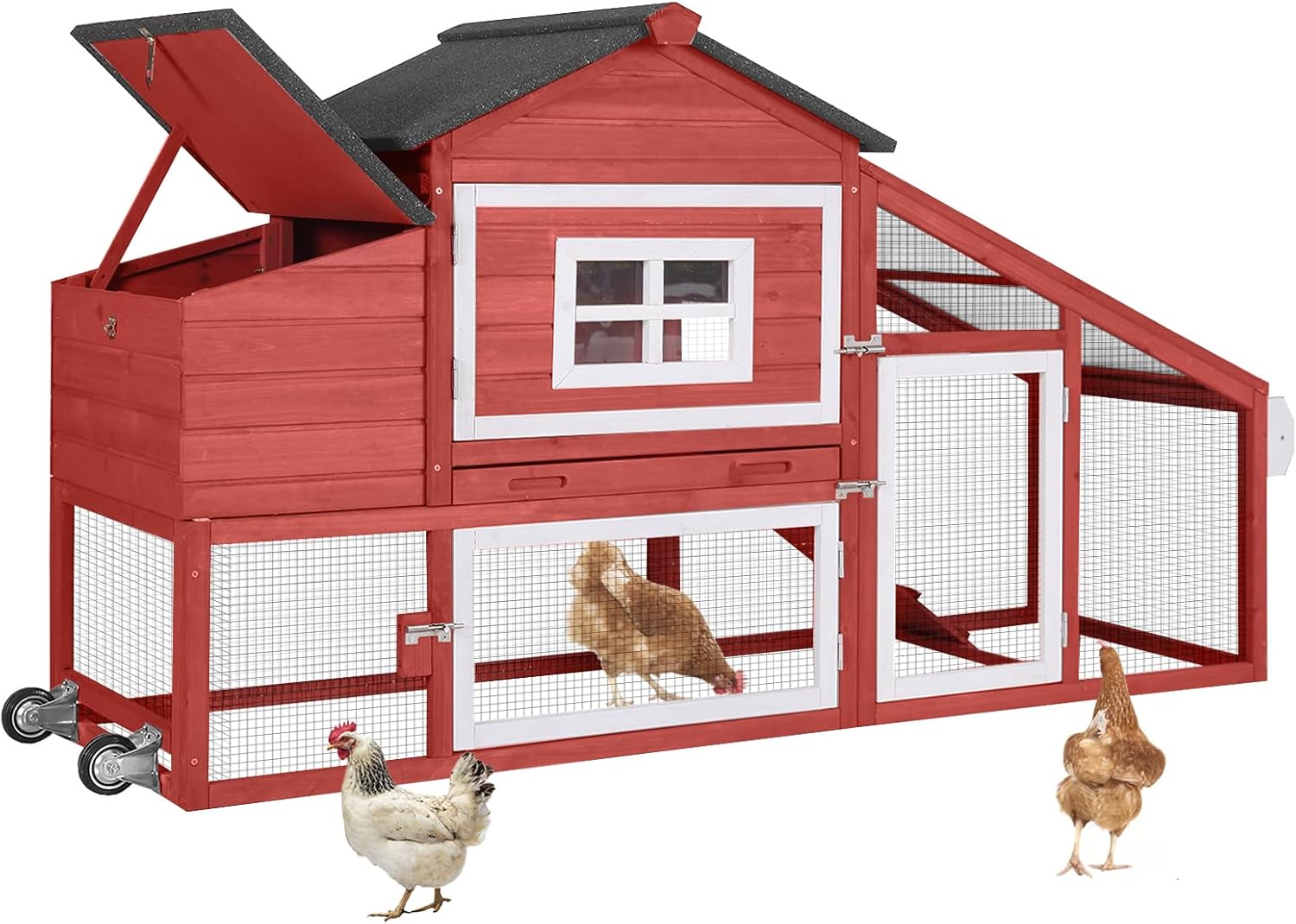 thumbnail video image 2 of MEDEHOO Chicken Coop Expandable Chicken House for Outdoor with Wheels Nesting Box, Leakproof Pull-Out Tray & UV-Resistant Roof Panel, Red, 2 of 8
