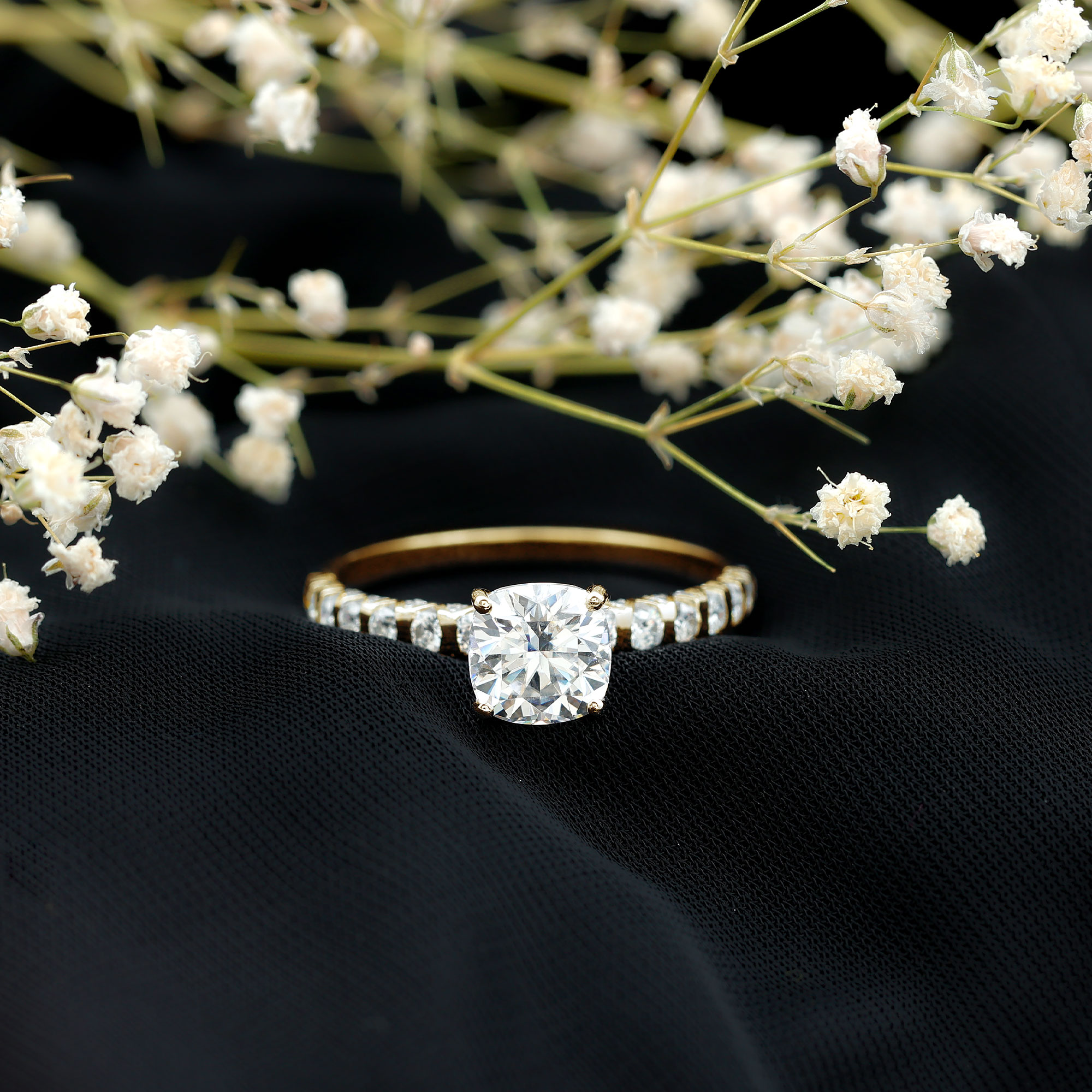 thumbnail video image 2 of Rosec Jewels Cushion Cut Moissanite Solitaire Engagement Ring with Side Stones (8 mm, 3 ct), 14K Yellow Gold, US 10.00, 2 of 8