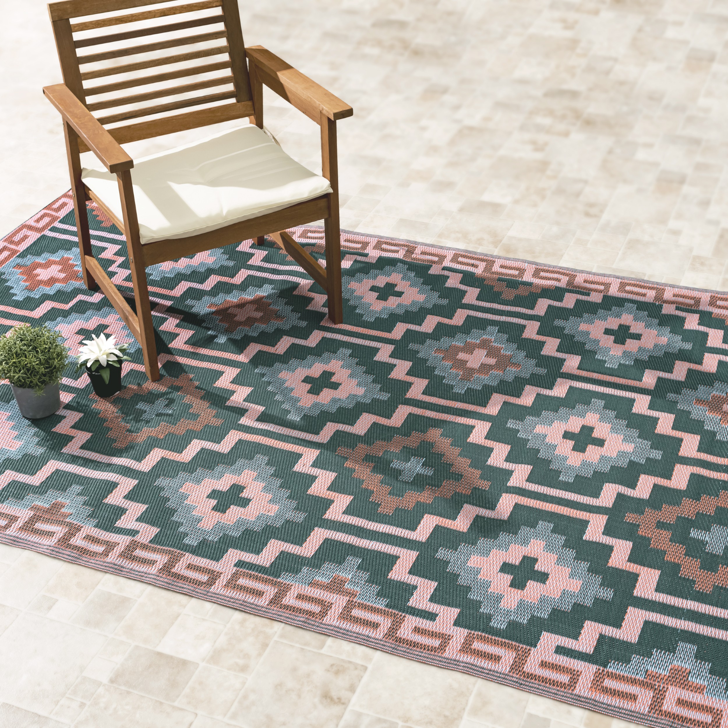 thumbnail video image 2 of Fab Habitat Outdoor Rug - Waterproof, Fade Resistant, Crease-Free, Reversible - Premium Recycled Plastic - Vintage Boho Kilim - Patio, Porch, Deck, Balcony - Lhasa - Green - 5 x 8 ft, 2 of 11