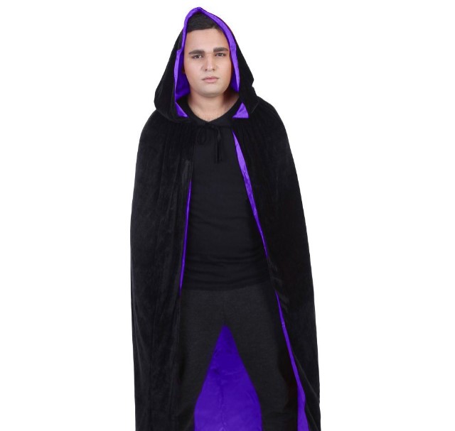 thumbnail video image 2 of HPO Adult Men's Halloween Cosplay Anime Goth Cloak Reversible Hooded Cape Costume, Black & Purple Colors( Large ), 2 of 7