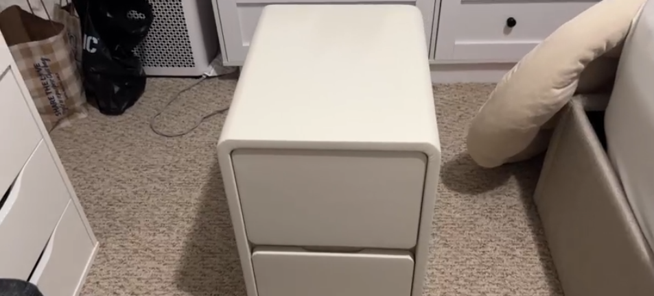 thumbnail video image 2 of Muwuele Narrow Nightstand with Leather Surface, White Nightstand with 2 Drawers, Solid Wood Bedside Table for Bedroom, Fully Assembled, 2 of 13