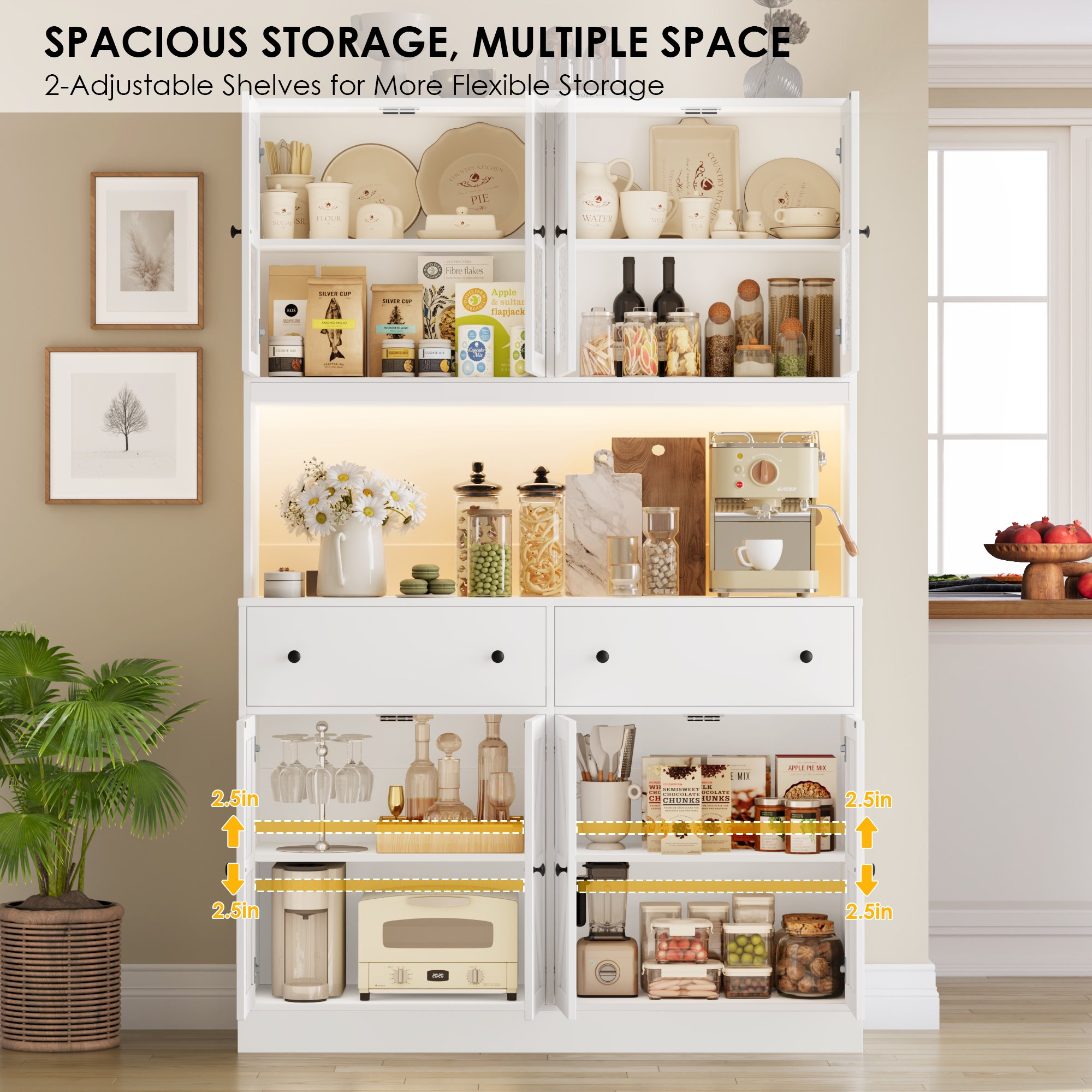 thumbnail video image 2 of Homfa 71'' Kitchen Pantry Cabinet with LED Lights & Charging Station, Freestanding Kitchen Cupboard with Storage Drawer& Microwave Stand, Hutch Cabinet for Dining Living Room, White, 2 of 8