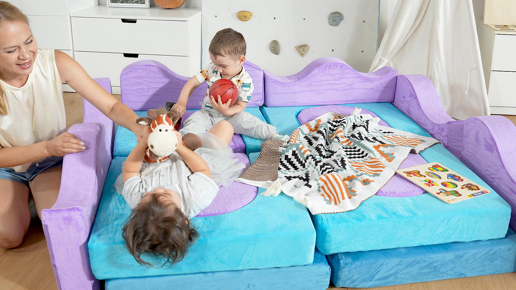 thumbnail video image 2 of Modular Kids Couch Sofa, 12PCS Foam Play Couch for Floor/Bedroom/Playroom, Convertible Sofa, Sectional Sofa, Foam Climbing Block Playset, Fort Building Set for Toddlers Boys Girls 3-6, 2 of 12