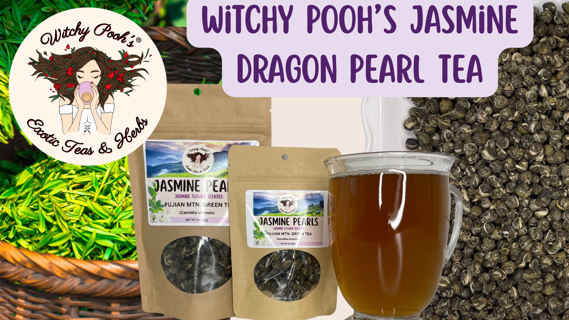 thumbnail video image 2 of Witchy Pooh's Jasmine Dragon Pearl Tea- Loose Leaf Jasmine Scented Green Tea, Caffeinated, 1oz Pouch, 2 of 6