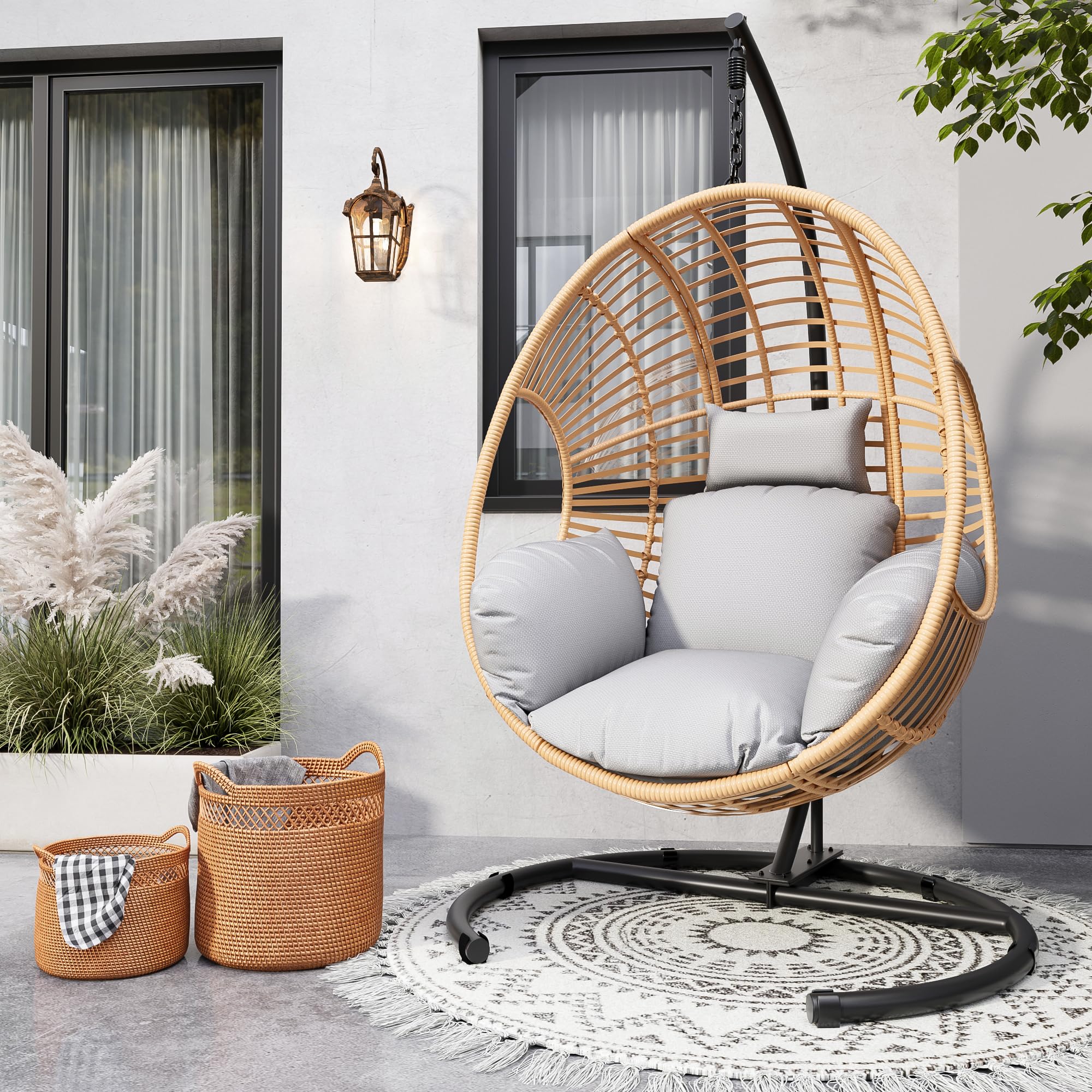 thumbnail video image 2 of TQKVIPI Oversized Hanging Egg Chair Outdoor Indoor, Wicker Swing Egg Chair with Stand  Rain Cover UV Resistant Cushion 400lbs Capacity for Bedroom, Patio, Garden and Balcony (Beige-Regular), 2 of 9