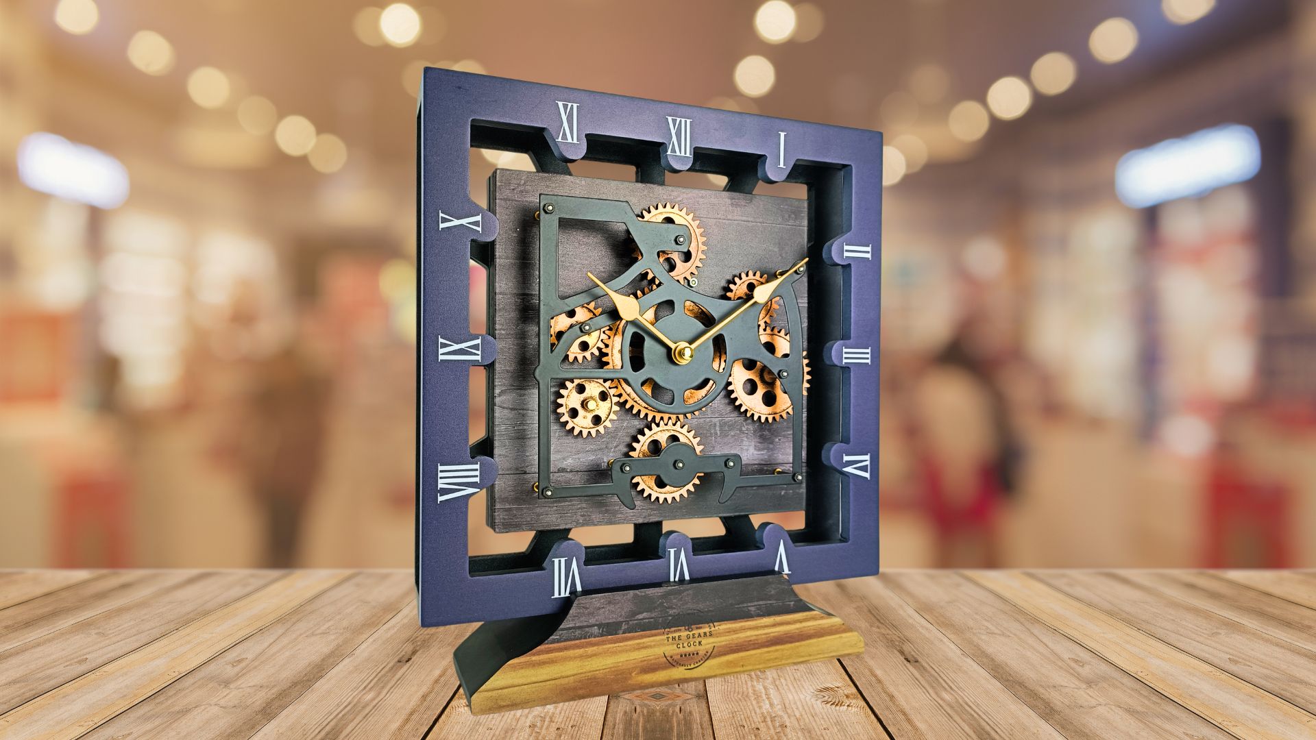 thumbnail video image 2 of THE GEARS CLOCK Desk Clock with Real Moving Gears (wall clock)CA-LI_ 10 in Square Wood-Stone, 2 of 2