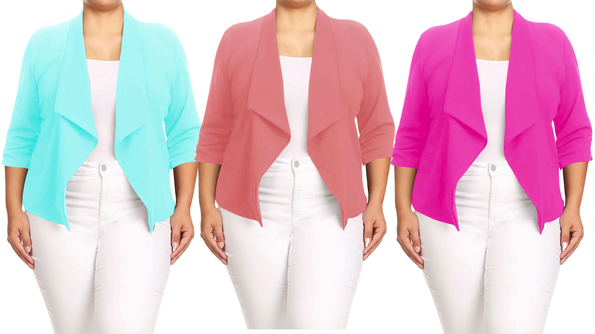 thumbnail video image 2 of Moa Collection Women's Chic Plus Size Office Blazer – Rolled Up 3/4 Sleeves Open Front, 2 of 4