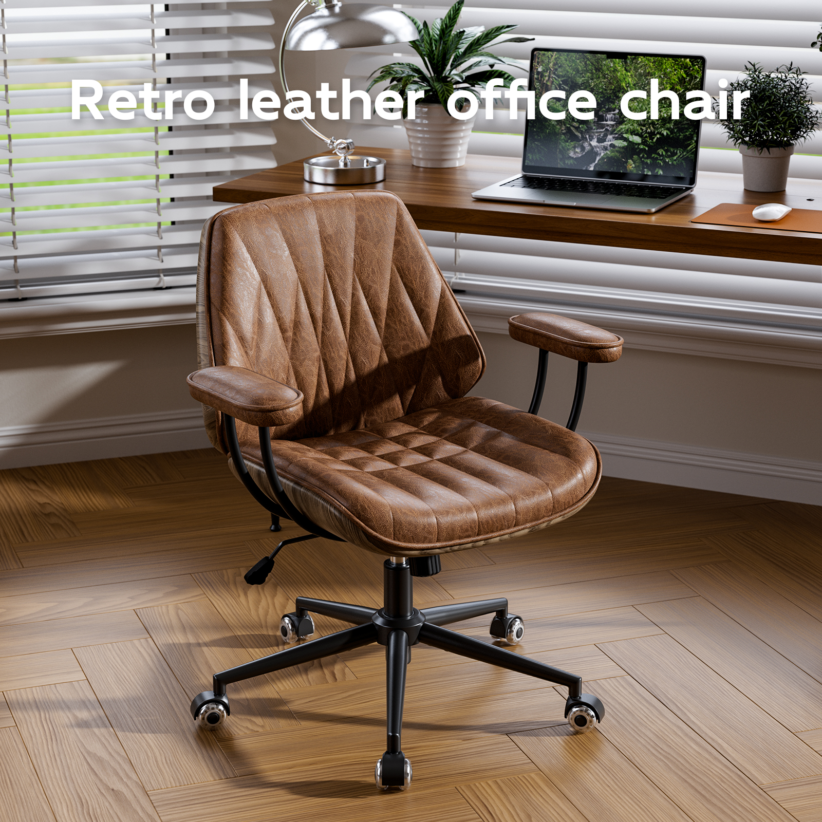 thumbnail video image 2 of HomeZeer Vintage Executive Office Chair with Rubber Casters Padded Arms, Premium Camel Brown Faux Leather Swivel Computer Desk Chair, Height Adjustable Task Chair for Home Office, 2 of 12