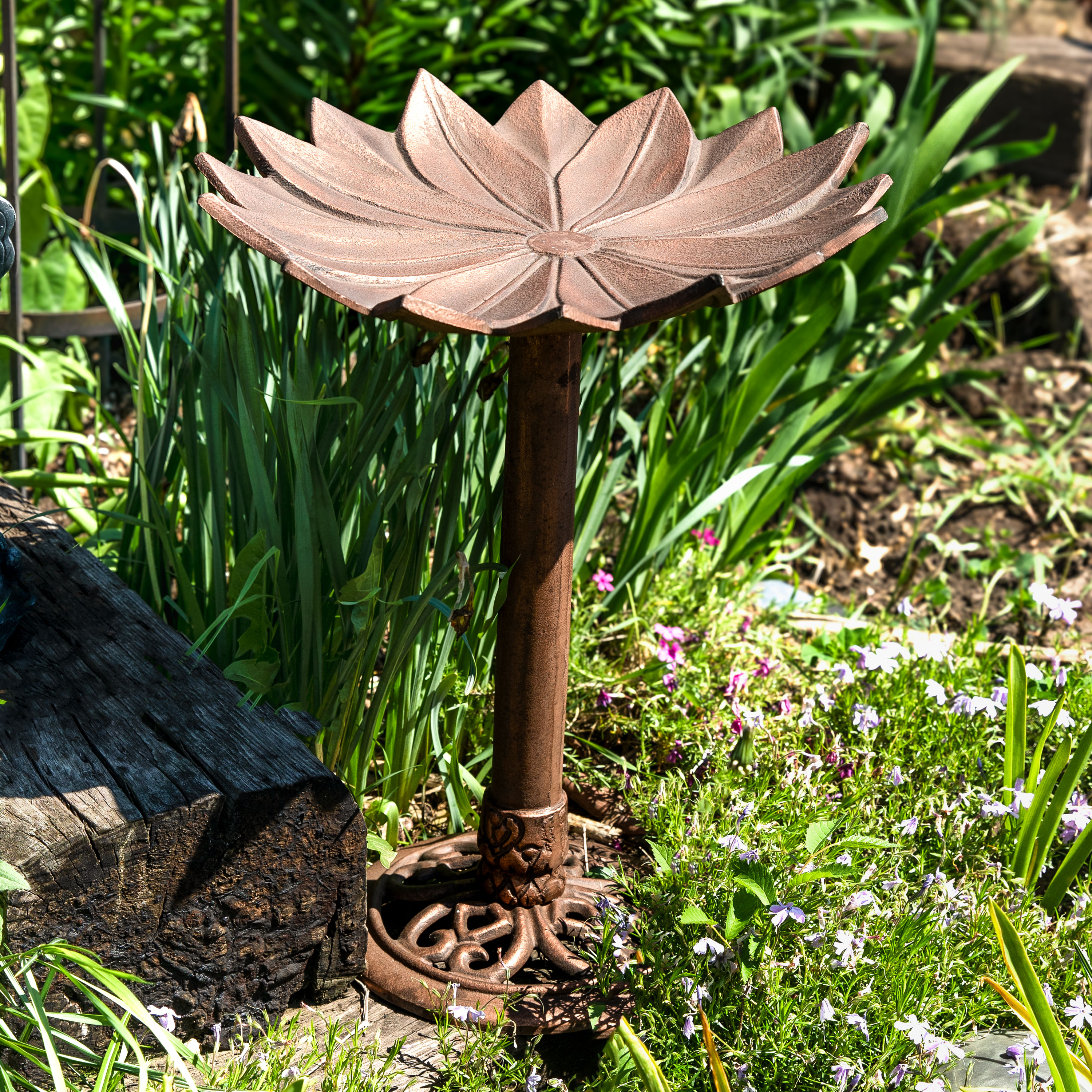 thumbnail video image 2 of Sunnydaze Garden Lotus Freestanding Cast Aluminum Outdoor Bird Bath, Copper Patina, 2 of 10