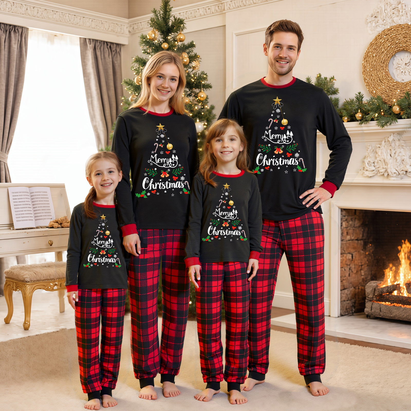 thumbnail video image 2 of AceBaby Family Matching Christmas Pajamas Sset Letter and Snowflake Print Long-Sleeved Tops Plaid Trousers Sleepwear Outfits Holiday Sleepwear PJs, 2 of 11