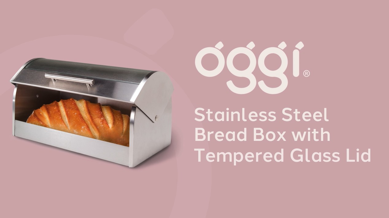thumbnail video image 2 of Oggi Stainless Steel Bread Box with Tempered Glass Roll Top Lid, 2 of 8