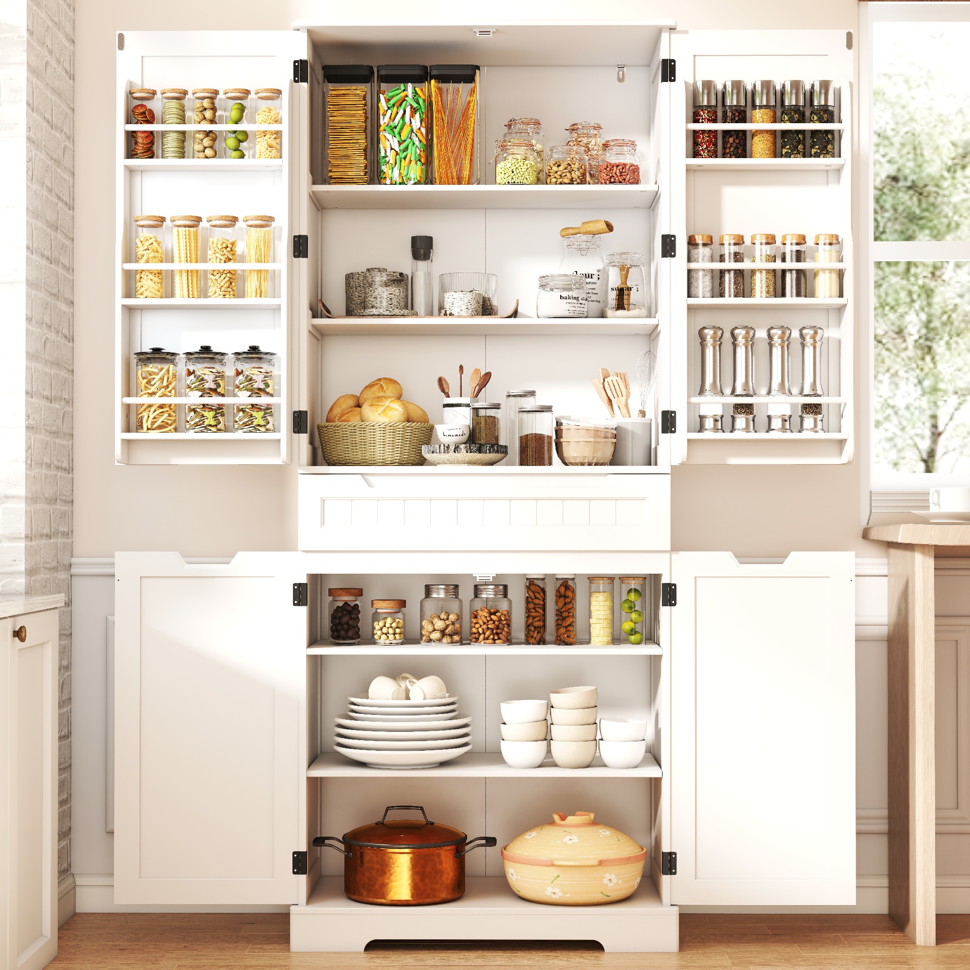 thumbnail video image 2 of Pantry Cabinet Clearance, Lofka 71" Large Kitchen Storage Cabinet with Adjustable Shelves & Anti-Tip Design, 4 Doors, 12 Shelves, 1 Drawer, White, 2 of 9