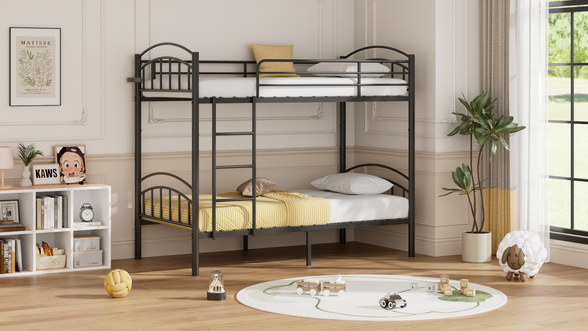 thumbnail video image 2 of Alohappy Twin Over Twin Metal Bunk Bed Frame, 2 In 1 Convertible Bunk Bed Frames for Kids Adults, Removable Ladder & Safety Guard Rail Included, Easy Assembly, Black, 2 of 12