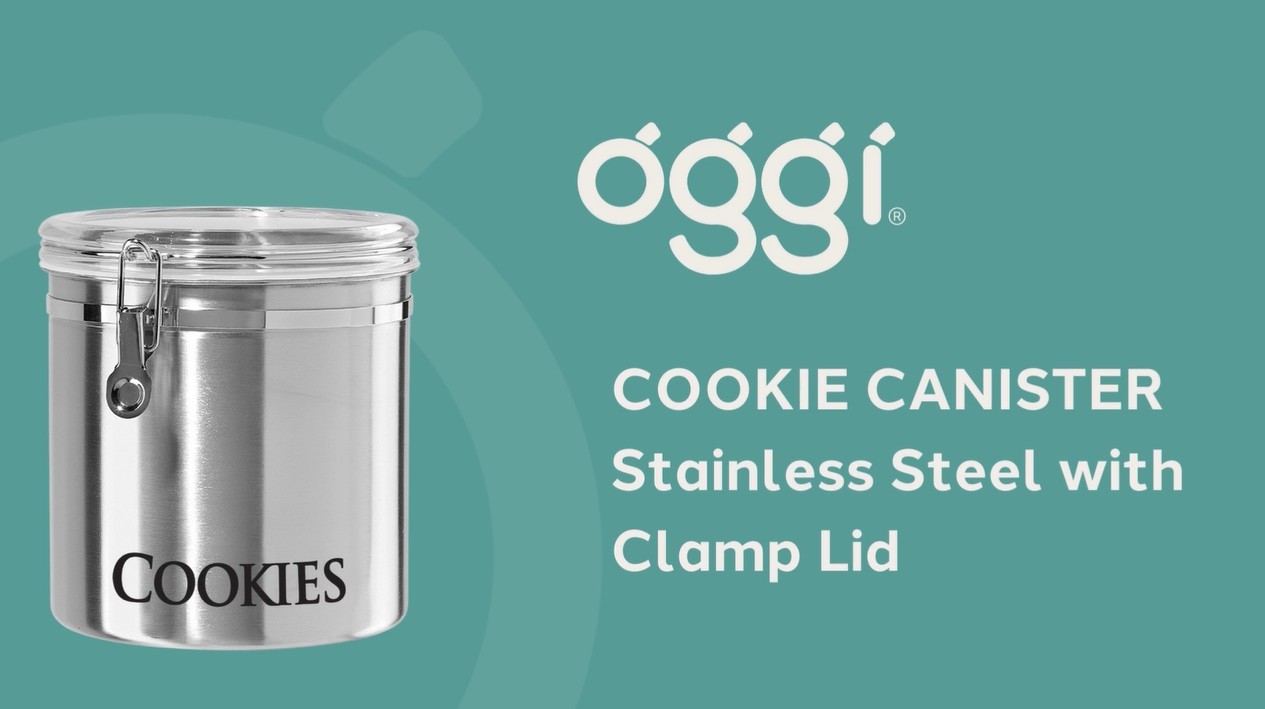 thumbnail video image 2 of Oggi Airtight Clamp Canister Food Storage Container, 8-Inch-Cookies, Stainless, Clear Lid, 2 of 8