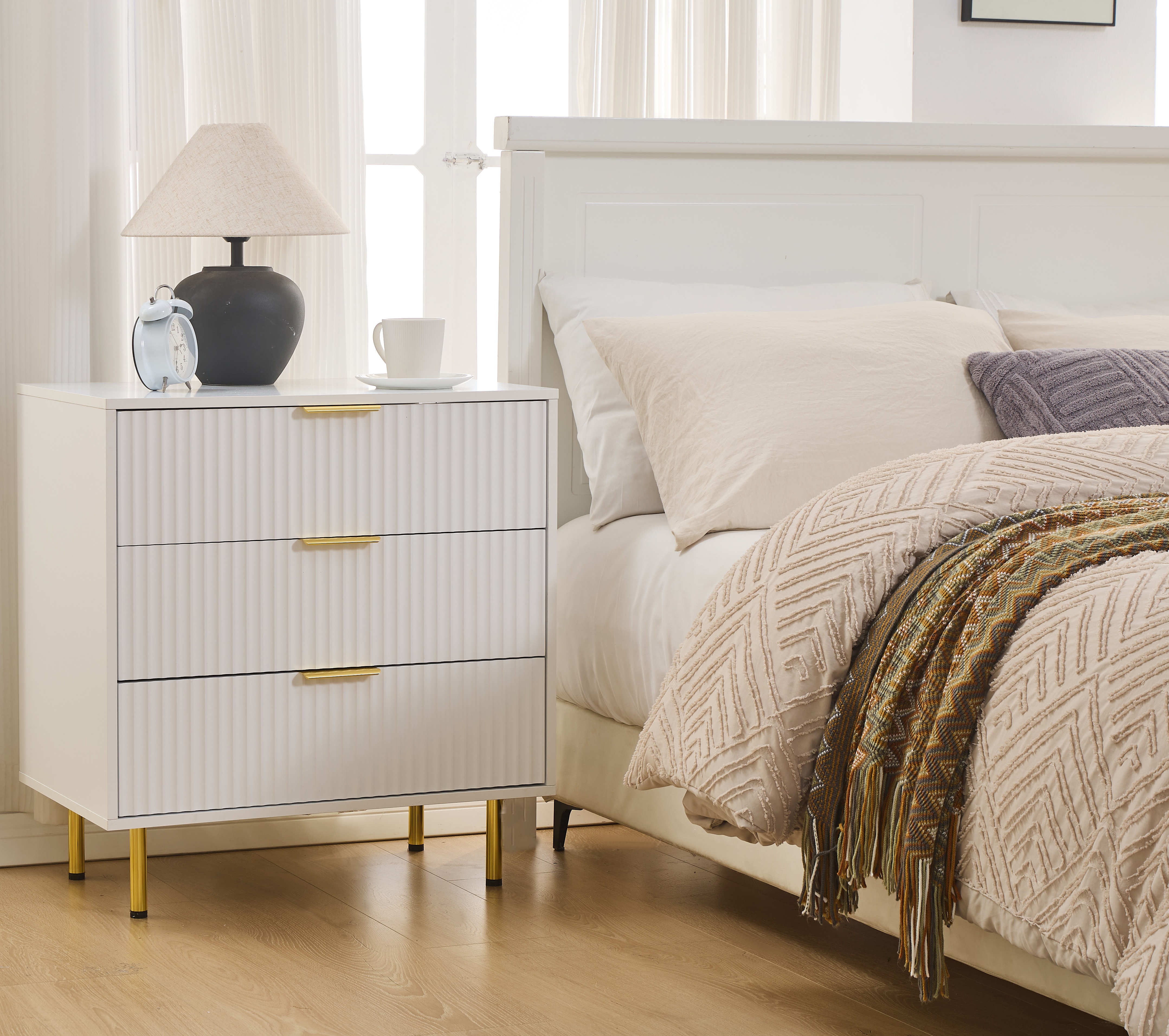 thumbnail video image 2 of Black Wide 3 Drawer Nightstand Set of 2 , Wood Night Stand Bedside Table set for Bedroom, 2 of 6