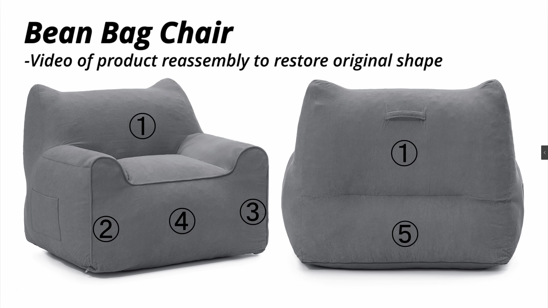 thumbnail video image 2 of Lusimo Bean Bag Chair for Adults Teens, 3FT Lazy Memory Foam Bean Bag Sofa for Bedrooms, Cat-Ear Design Couch with Corduroy Washable Cover , Lounge Chairs with Pocket for Gaming, Reading, Gray, 2 of 10