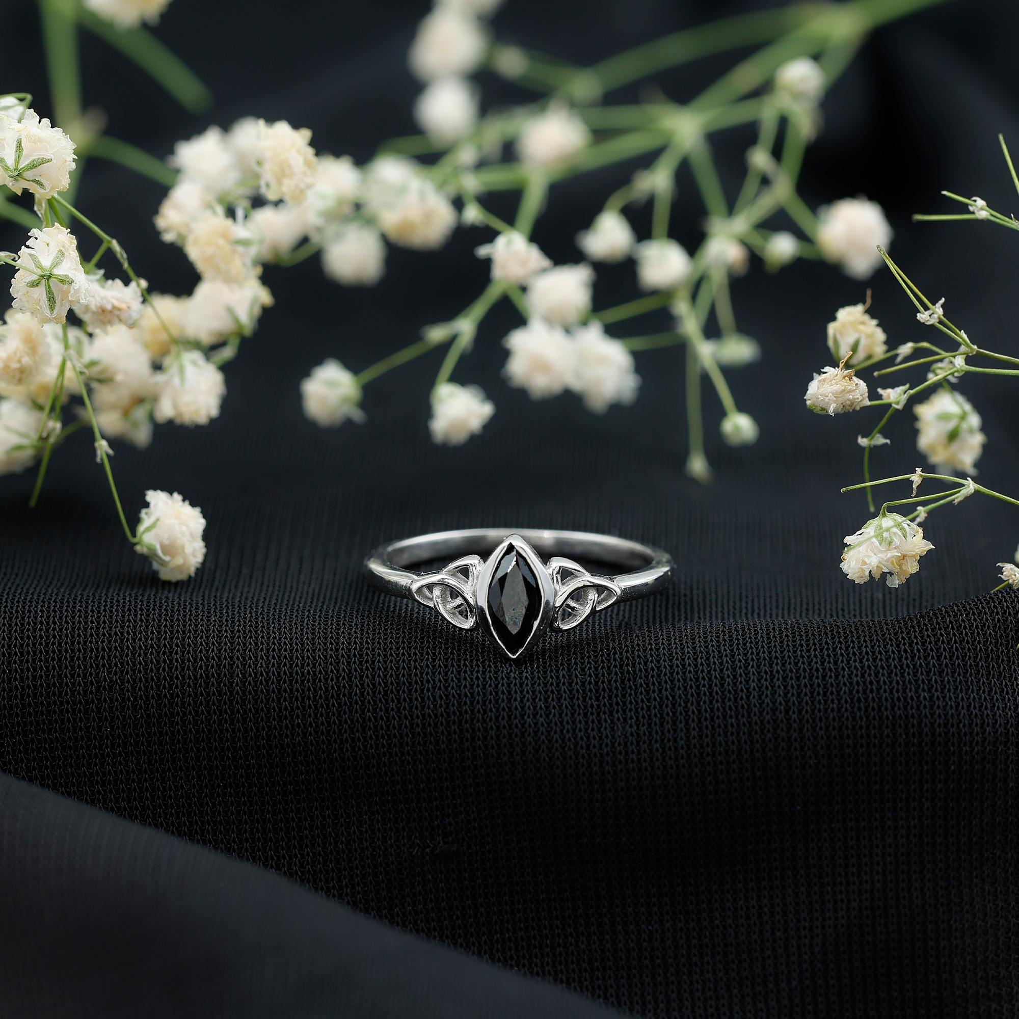 thumbnail video image 2 of Rosec Jewels Marquise Shape Lab Created Black Diamond Solitaire Ring for Women, Celtic Knot Ring - AAA Grade, 14K Yellow Gold, US 11.50, 2 of 8