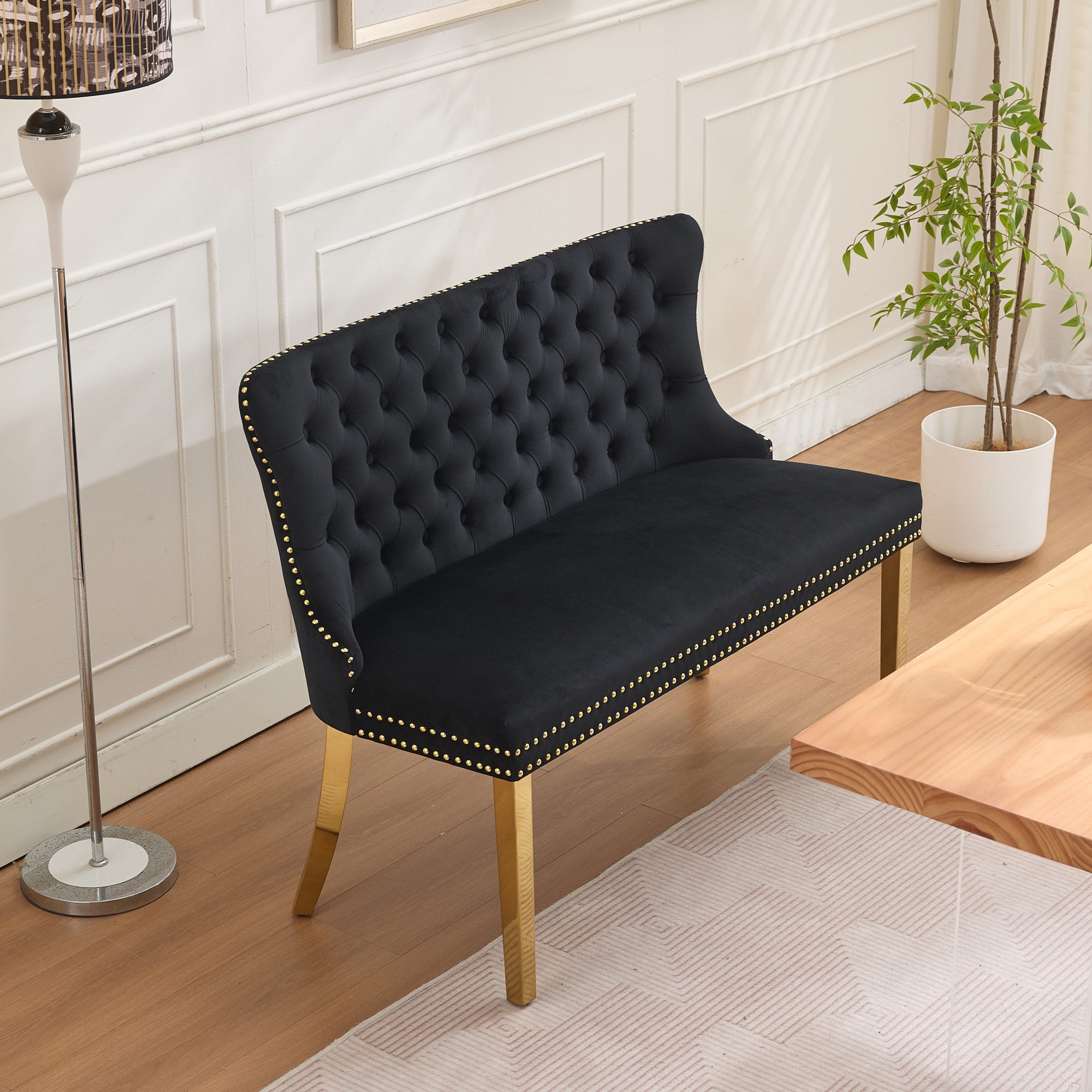 thumbnail video image 2 of HUTWIFE Velvet Upholstered Dining Bench with Tufted Back and Nailhead Trim, Suitable for Dining Room, Kitchen,Black/Gold, 2 of 8