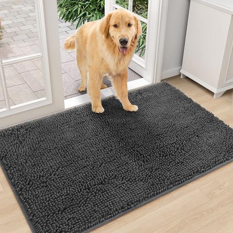 thumbnail video image 2 of Gray Chenille Indoor/Outdoor Doormat, 23.62" x 15.75", Super Absorbent, Non-Slip, Machine Washable, 2 of 8