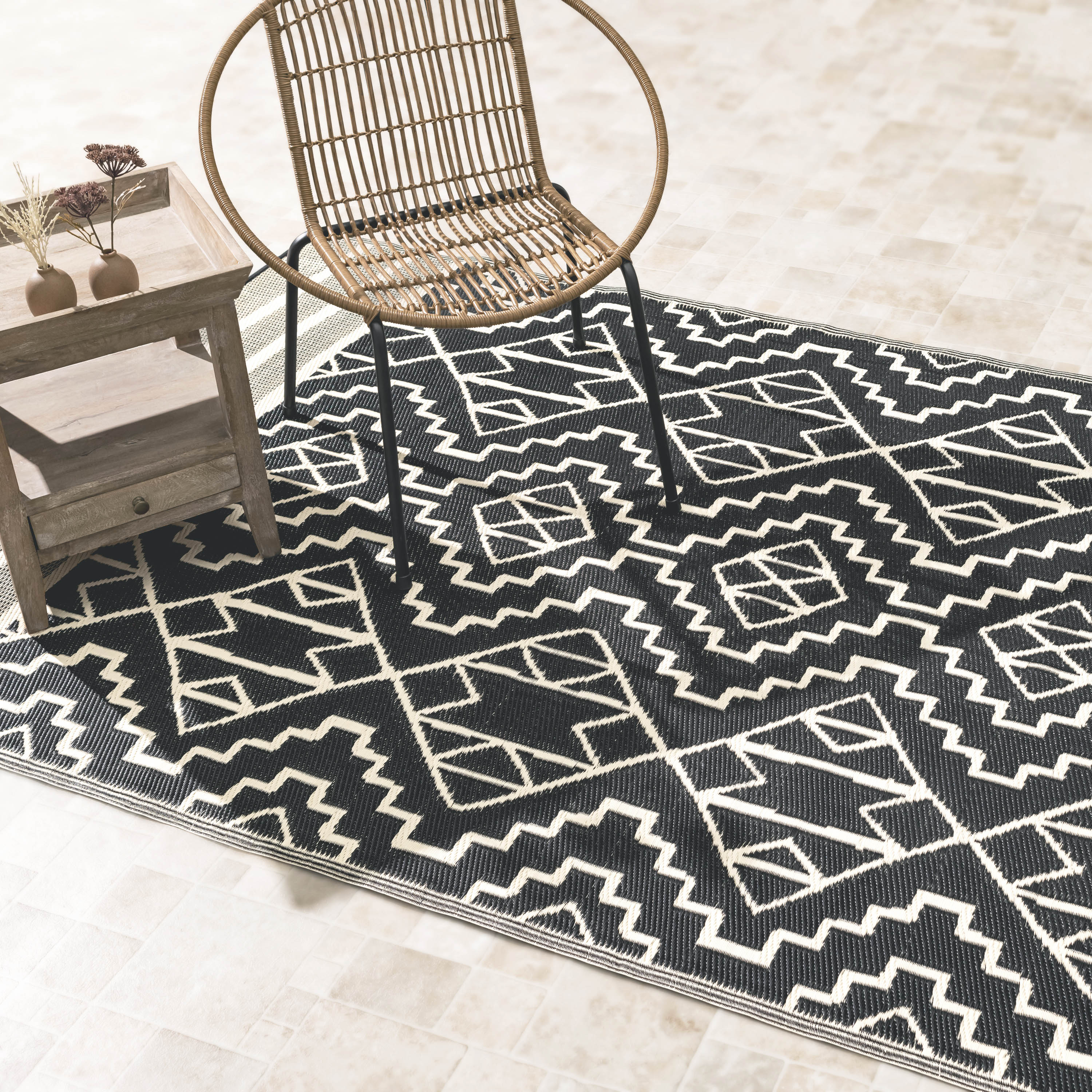 thumbnail video image 2 of Fab Habitat Outdoor Rug - Waterproof, Fade Resistant, Crease-Free - Premium Recycled Plastic - Tribal Boho Neutral - Large Patio, Deck, Sunroom, Camping, RV - Kilimanjaro - Black - 8 x 8 ft, 2 of 14