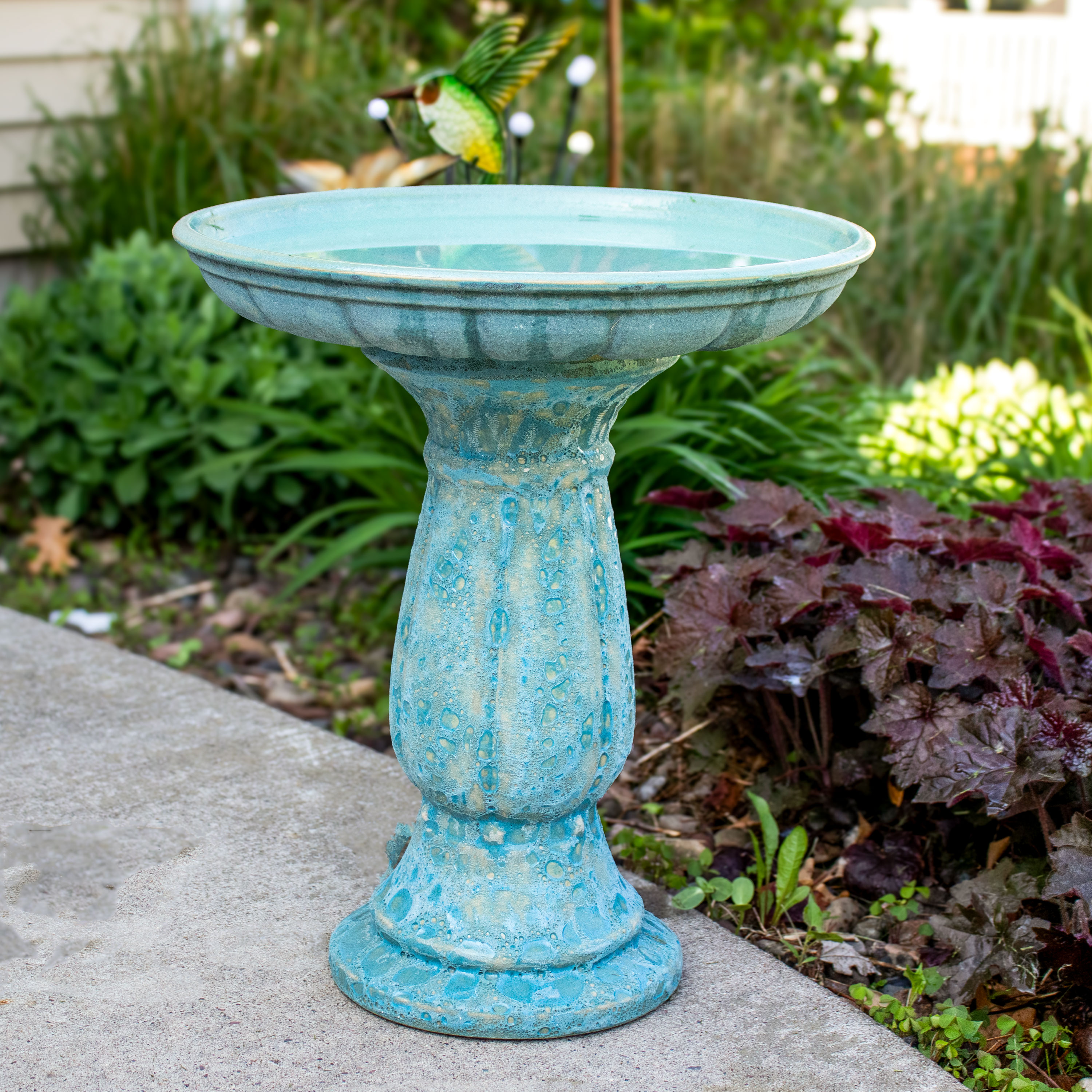 thumbnail video image 2 of Sunnydaze Avignon Freestanding Ceramic Outdoor Bird Bath, UV-Resistant Blue Lava Finish, 2 of 9