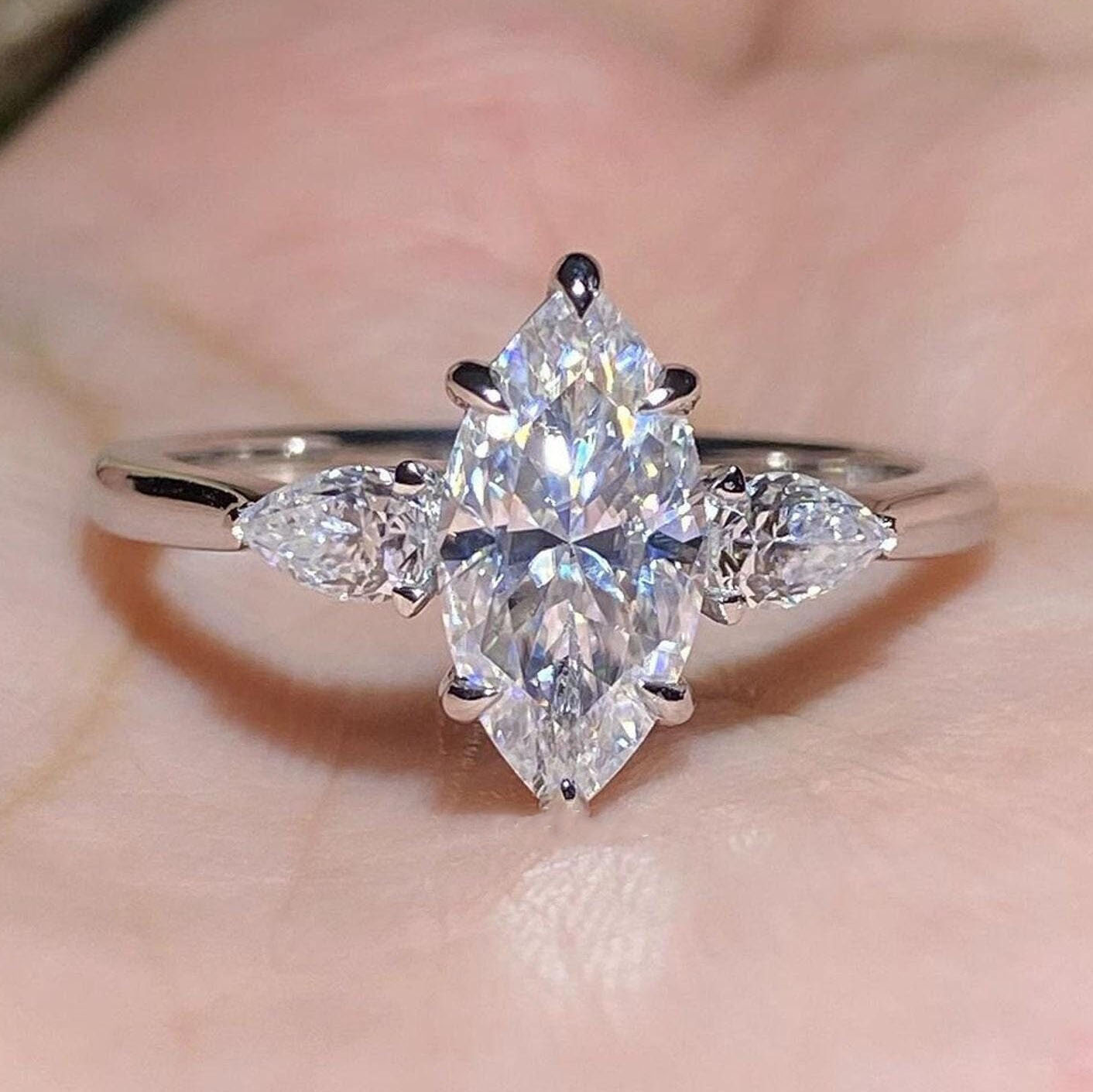thumbnail video image 2 of Cora Jewellery 2CT Marquise Moissanite 3 Stone Engagement Ring For Women, 10K Rose Gold, 2 of 6