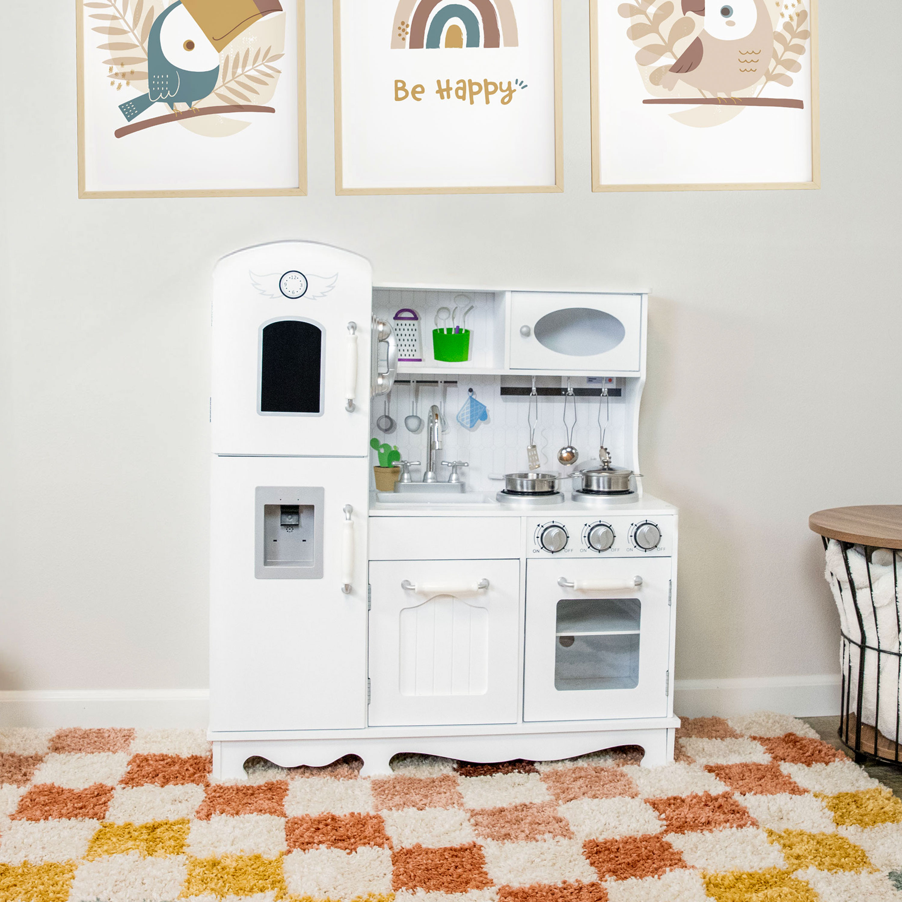 thumbnail video image 2 of Sunnydaze 6-Piece Chef Sounds Wooden Interactive Play Kitchen Set with Lights and Sounds, 2 of 20