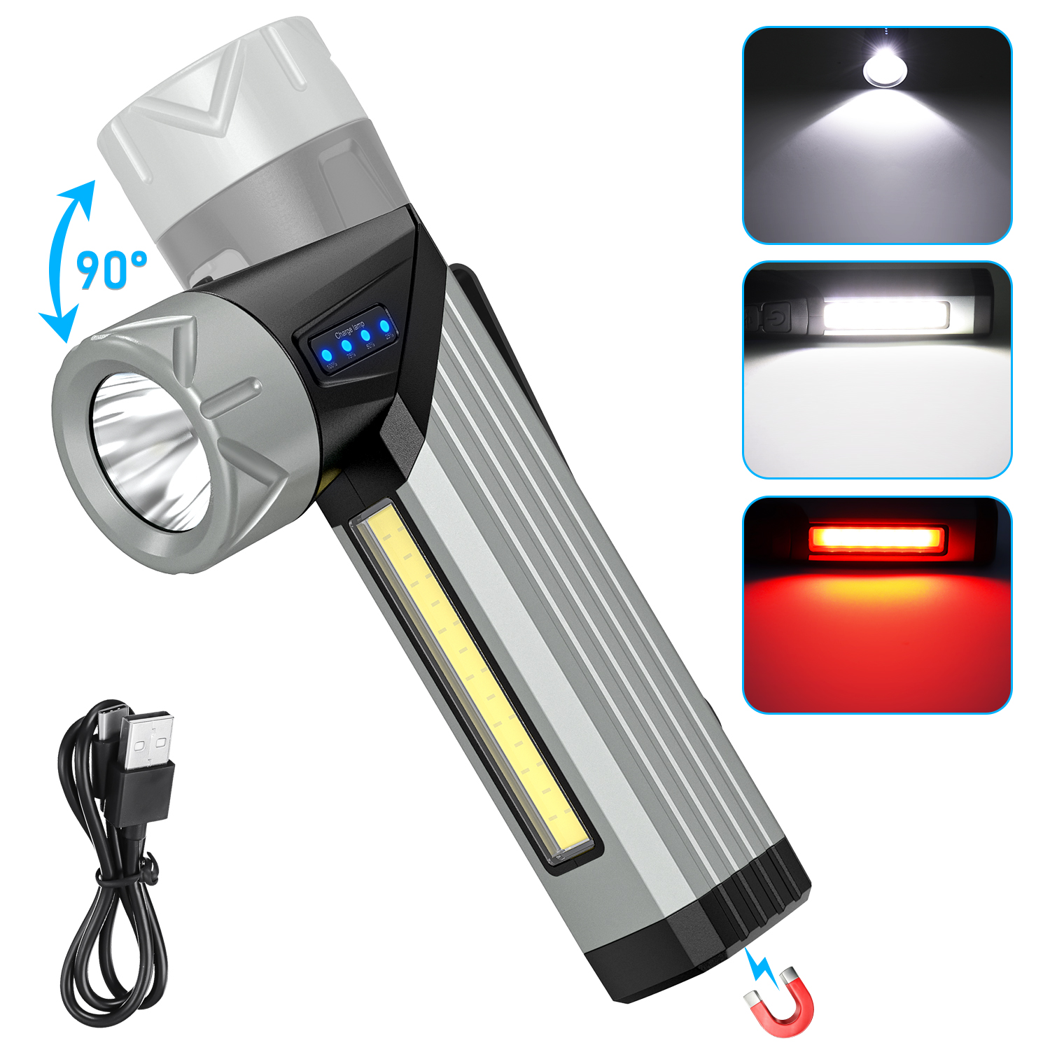 thumbnail video image 2 of Antom LED Tactical Flashlight 500 Lumens – Rechargeable , 7 Modes, 90° Adjustable Magnetic Head for Camping, Hiking, Emergencies, 2 of 7