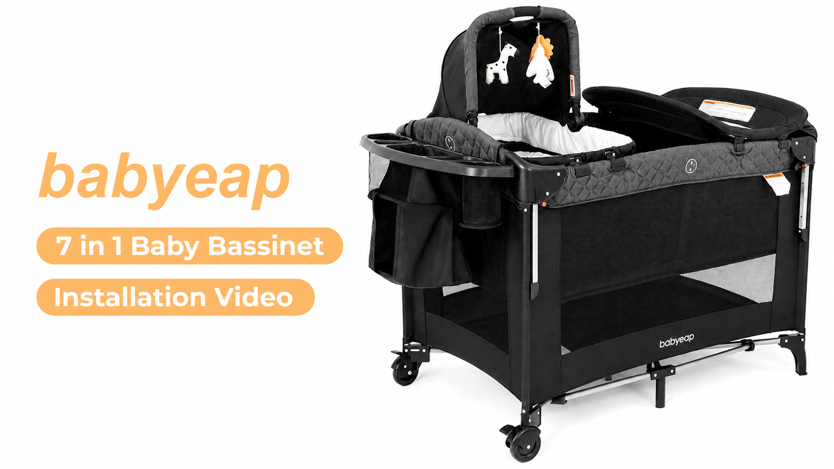 thumbnail video image 2 of Babyeap 7-in-1 Baby Bassinet with Playard and Bedside Sleeper, Changing Table, Toy Bar, Extra Large Storage Bag, Travel Crib for Newborns and Infants, Black, 2 of 14